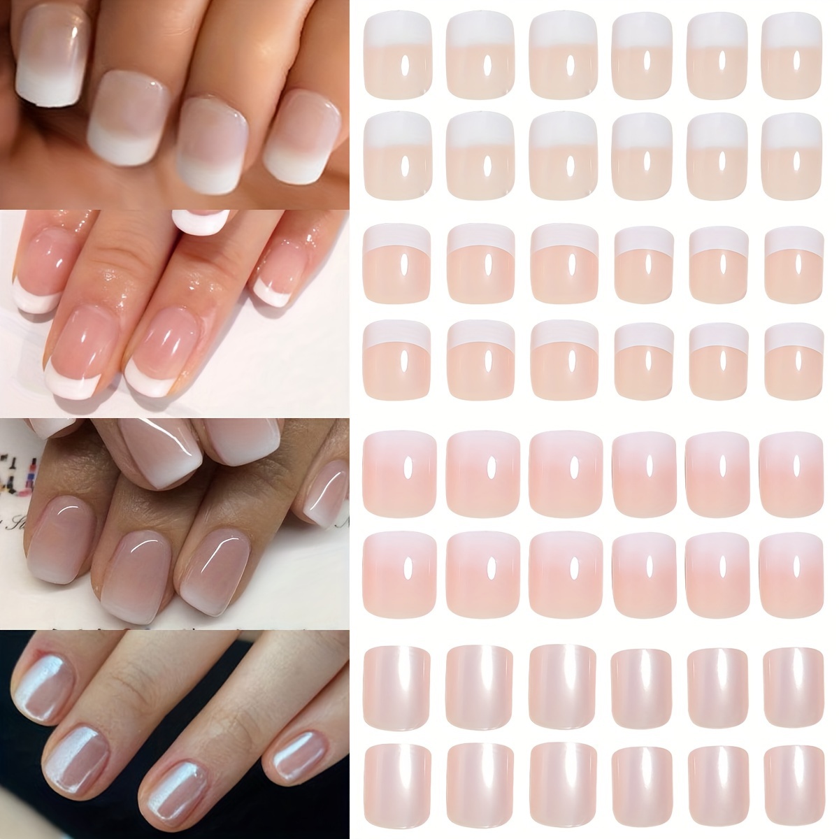 

96 Pieces (4 Colors) Short Square Press-on Nails Acrylic Short Fake Nails Full Coverage White French Design Glitter Fake Nails