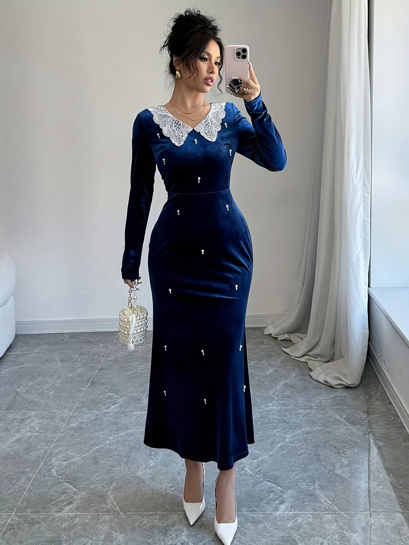 beaded midi bodycon dress Women's Slim-Fit Elegant Midi Dress with Beaded Slit Sleeve main image 1