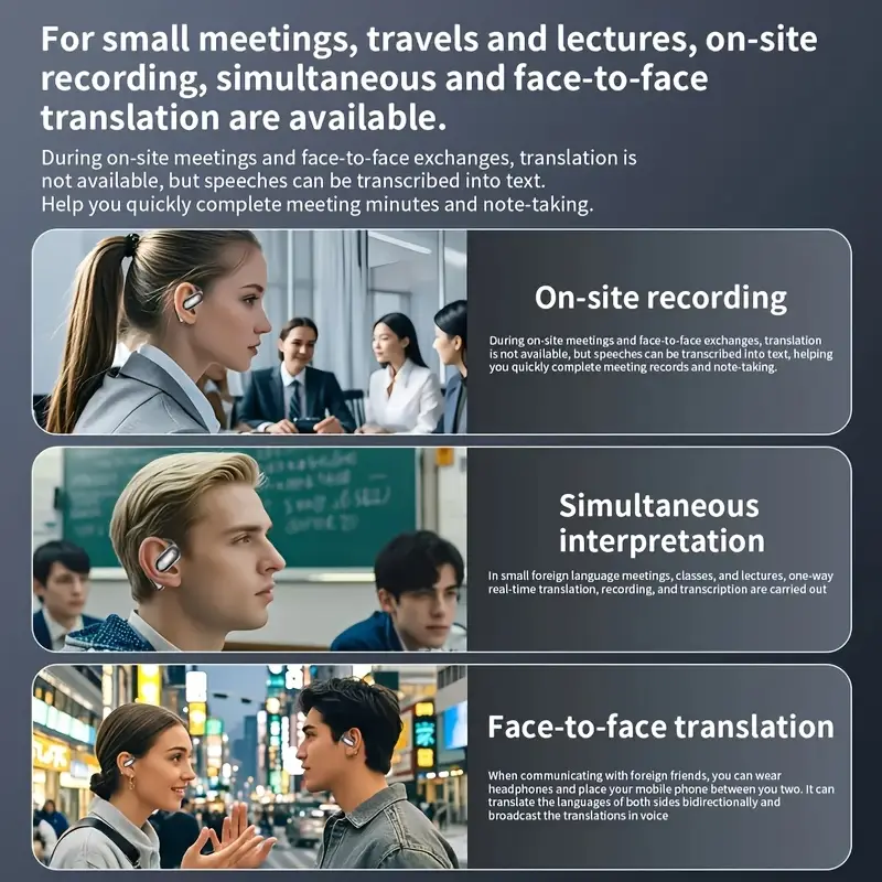 2025 new 144 languages ai real time translation headphones lcd lightweight ows hanging earphones smart camera flashlight lighting long suitable for business travel meetings social communication work study etc Product details 4