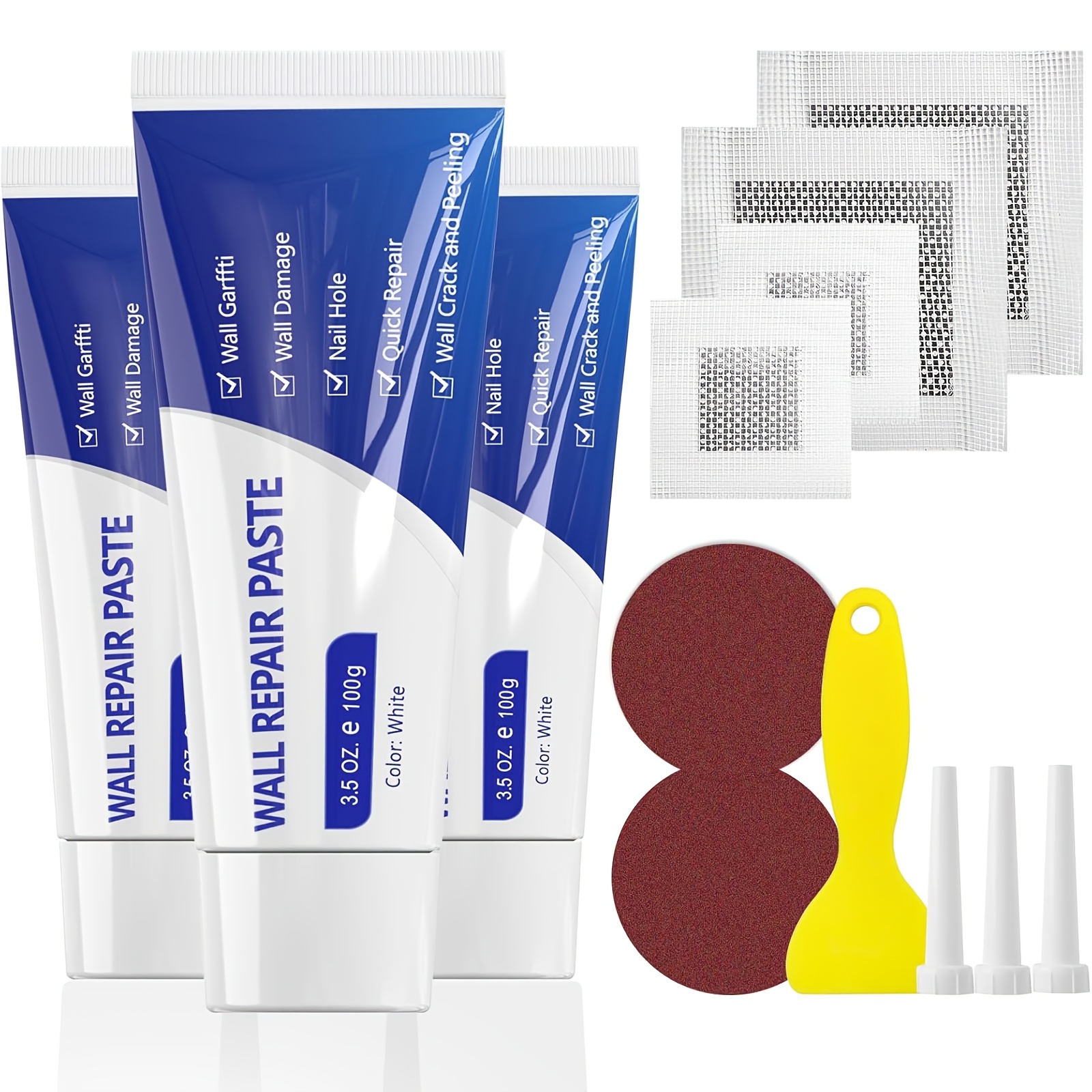 Image of Drywall Repair Kit, Wall Mending Agent X 3 (100g), Wall Patch X 4, Scraper And Sandpaper X 2, Wall Repair Paste Kit For Wall , Graffiti, Hole Filler And Plaster Dent Repair, 13pcs Set