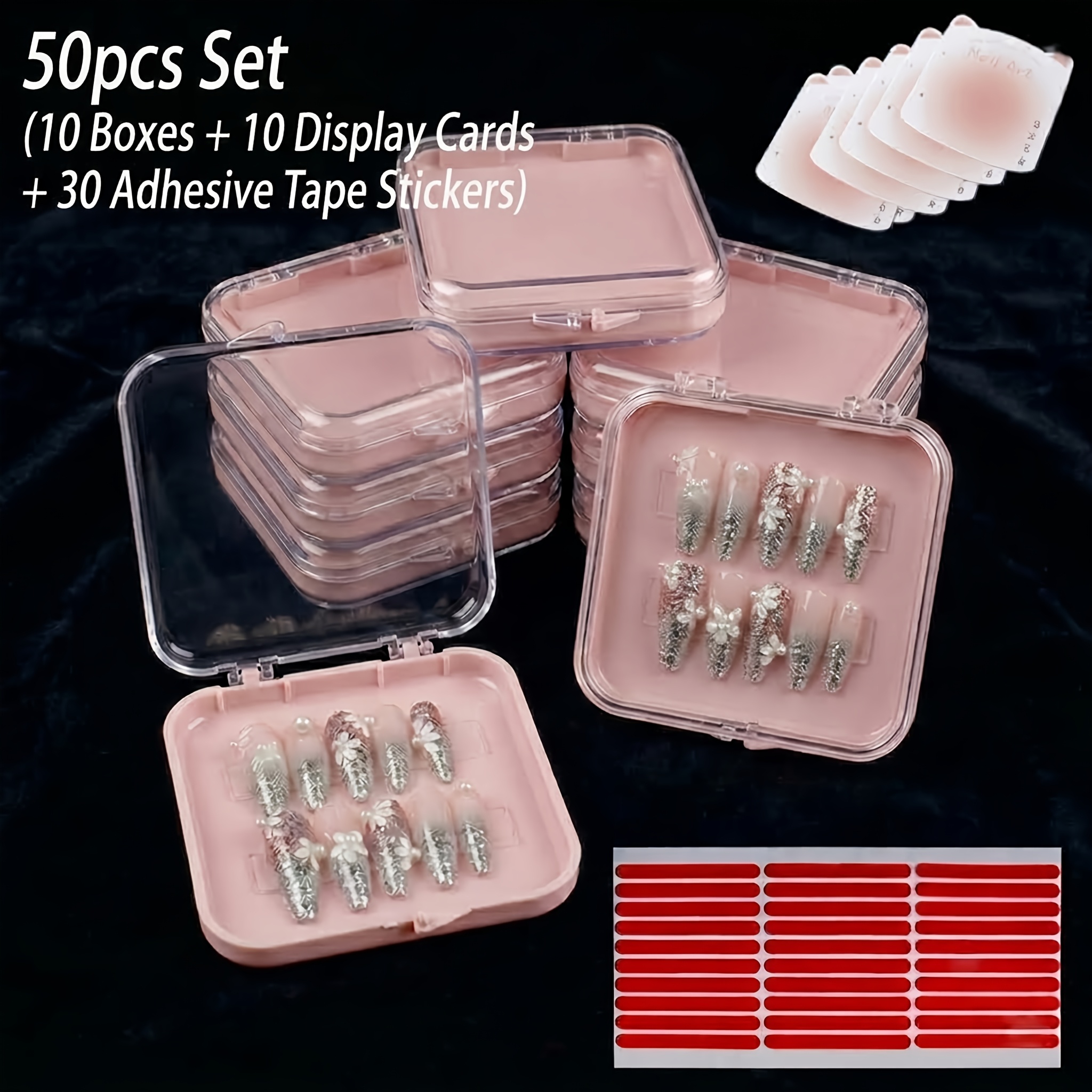TEMU 50pcs Clear Acrylic Storage Boxes, Multipurpose Press On For Nail Organizer With Display Cards And Stickers, Portable Dustproof Jewelry Earrings