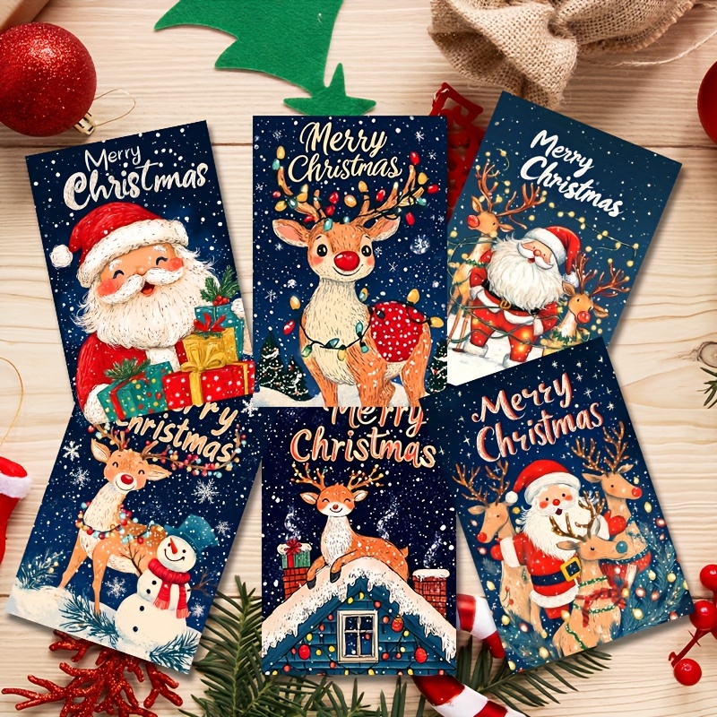 Image of 6pcs, Set Of Christmas Greeting Cards, With Envelopes, Merry Christmas, Cartoon Illustration, Postcards, Halloween, Christmas, Day, Suitable For And For Everyone.