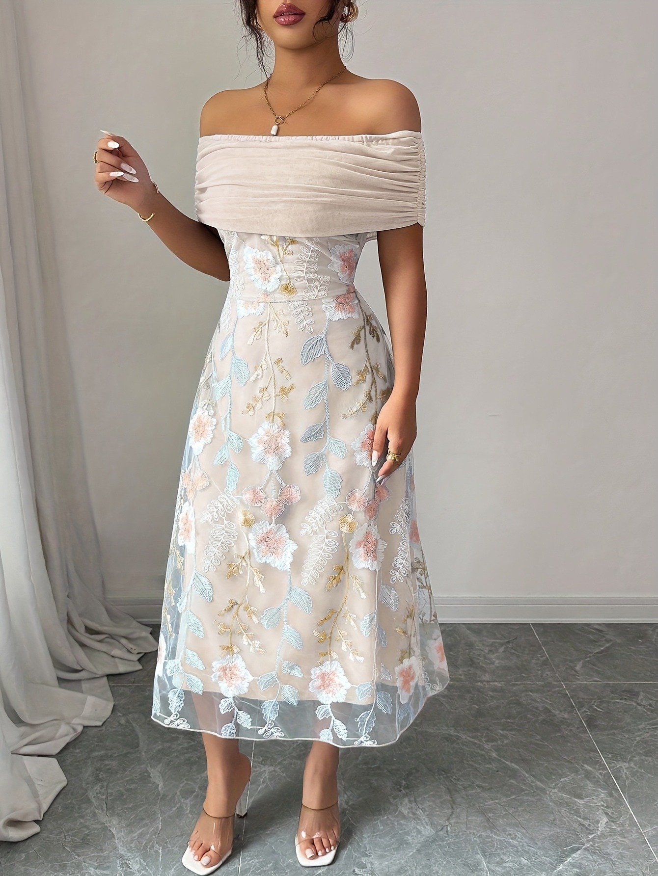 floral and solid bridesmaid dresses Nadia Satin Floral Print Dress