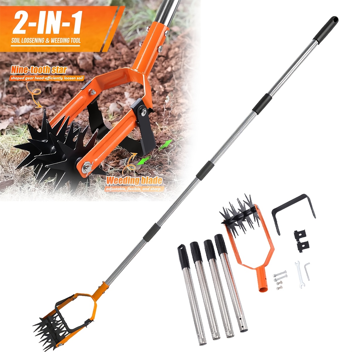 Image of A Rotary Cultivator, Featuring Cutter And A Four-piece Stainless Steel Handle, Designed To Function As A Weeding Machine And A Crumb Cultivator, Loosening Soil And Managing Weeds