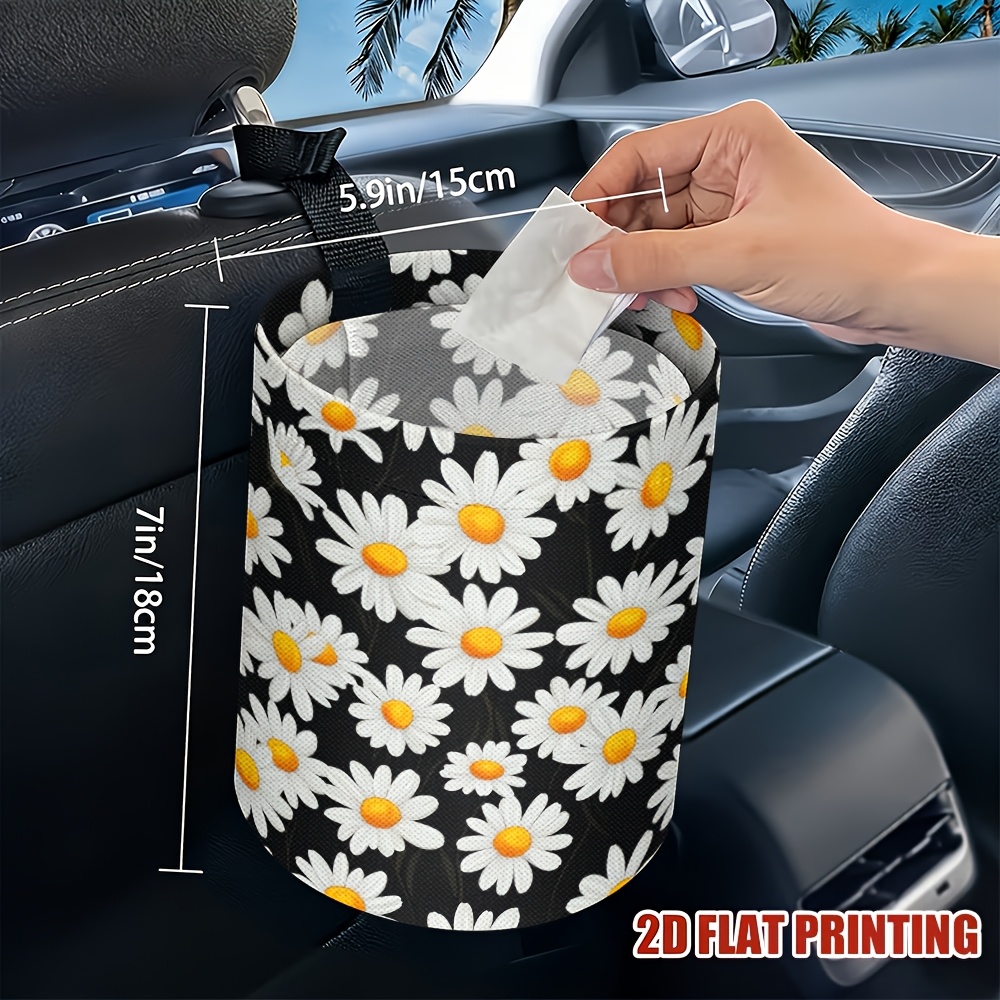TEMU 1pc Daisy Pattern Portable Car Trash Can With Adjustable Strap - Durable Textile Garbage Bin For Vehicles, Camping, And Kitchen - Car Accessory