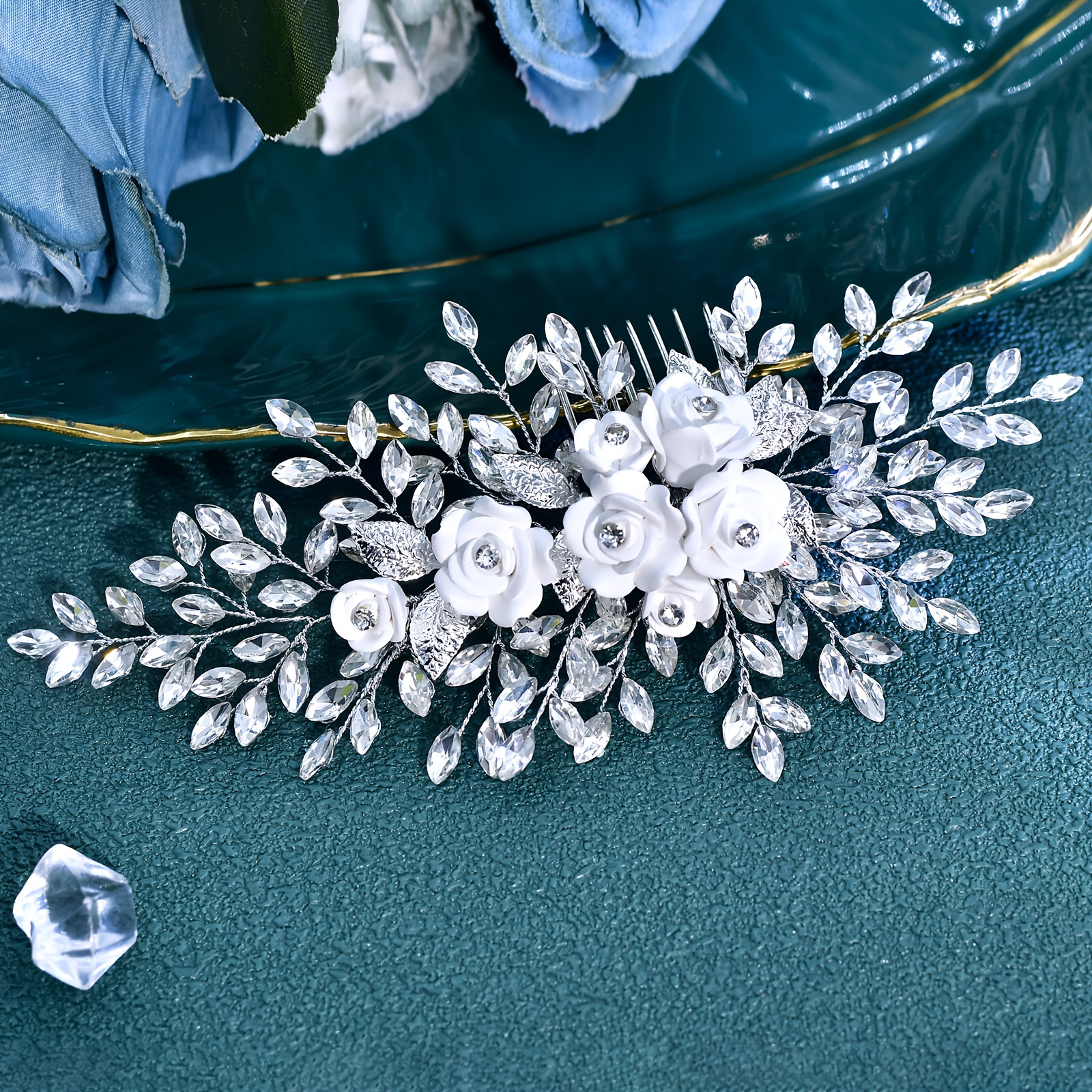 TEMU 1pc Elegant And Stylish Handmade Flower Bridal Hair Comb, Light Luxury Sparkling Wedding Hair Accessory, Suitable For Weddings And Prom Parties