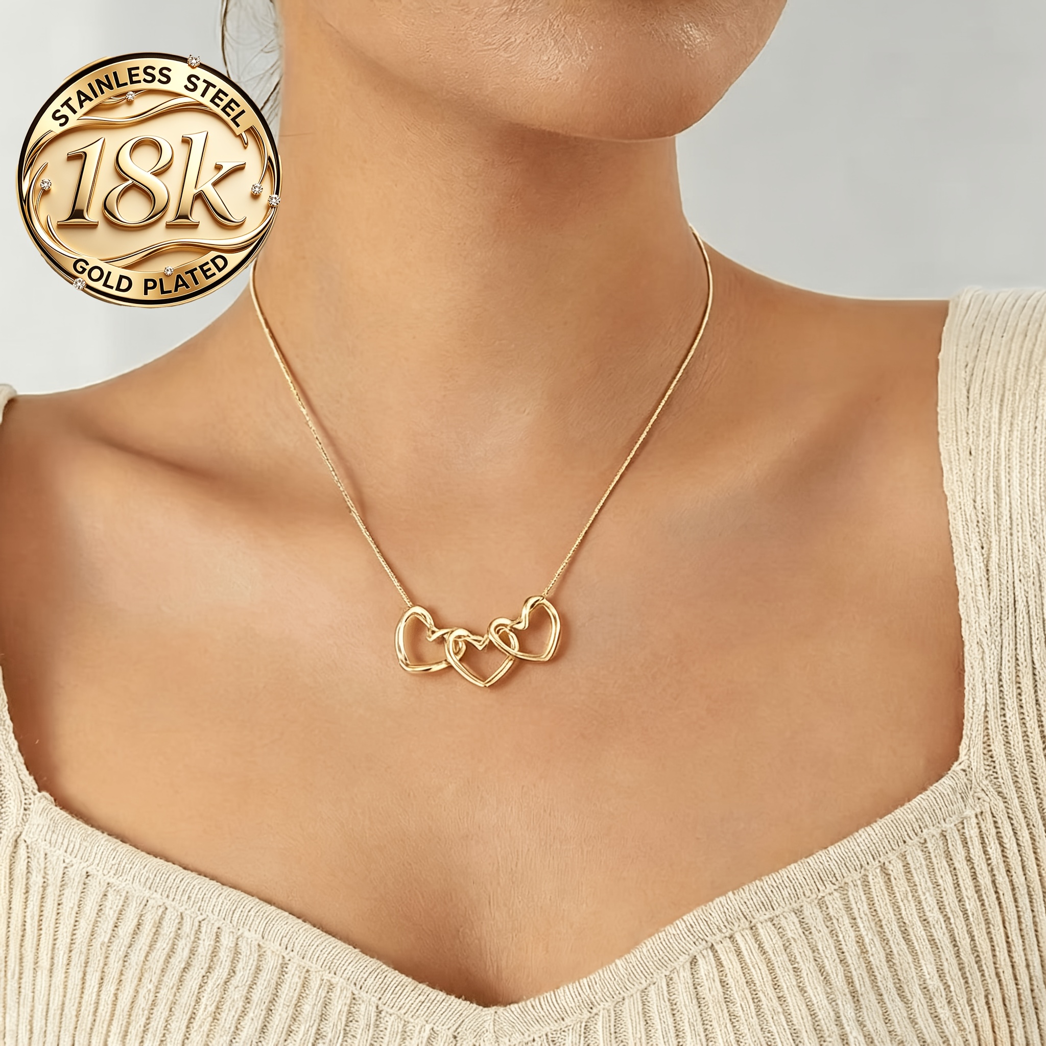 TEMU Un collier en acier inoxydable 316, chaîne os de avec 3 pendentifs de cœur, adapté à un usage et à toute l'année