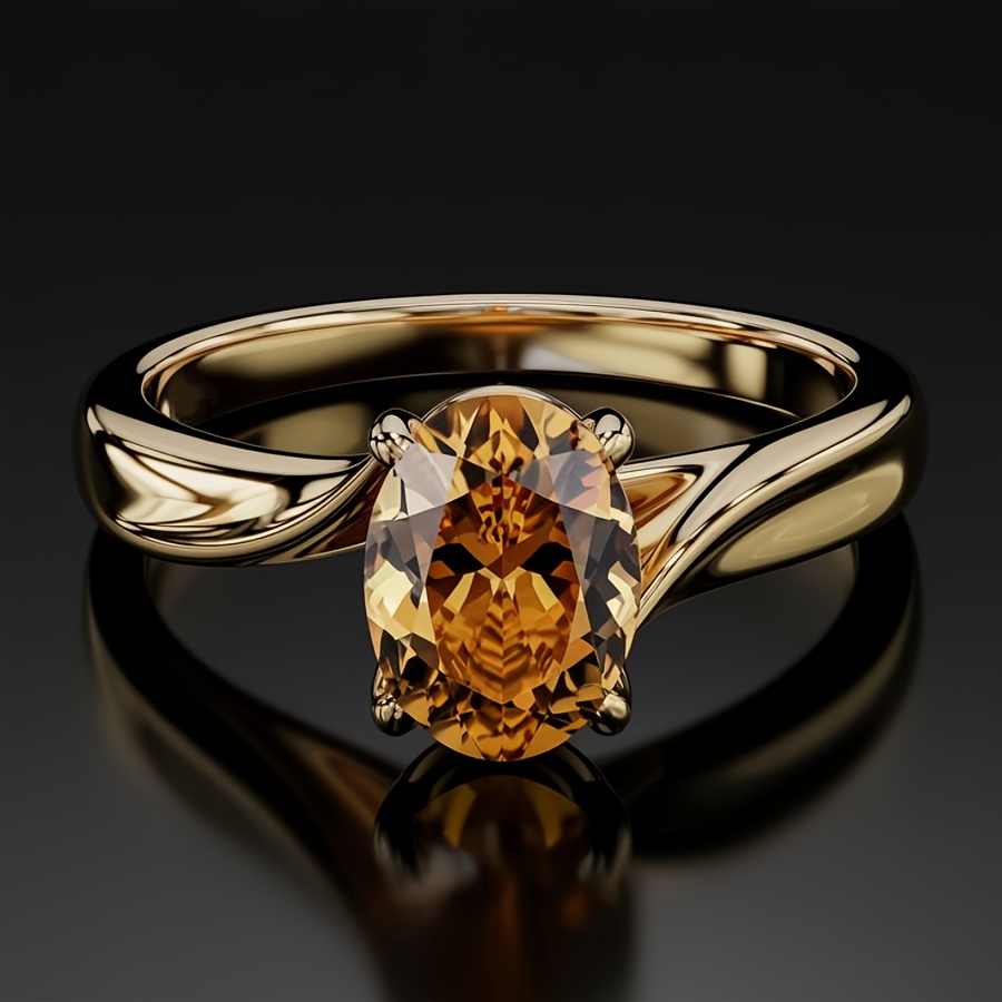 TEMU Elegant Luxury Inlaid Champagne Cubic Zirconia Copper Engagement Ring, Suitable For Daily Wear, Parties, Weddings And Special Occasions,
