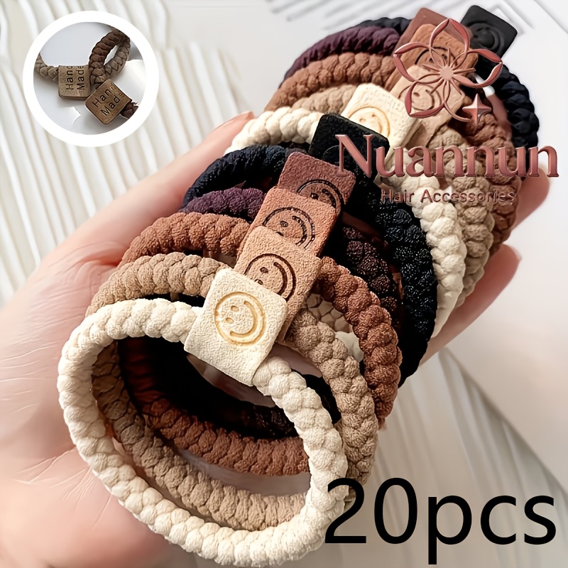20pcs Coffee Color Easy Double-sided Label Braided High Elasticity Durable Rubber Band High And Low Ponytail Lazy Bun Hair Tie Rubber Band