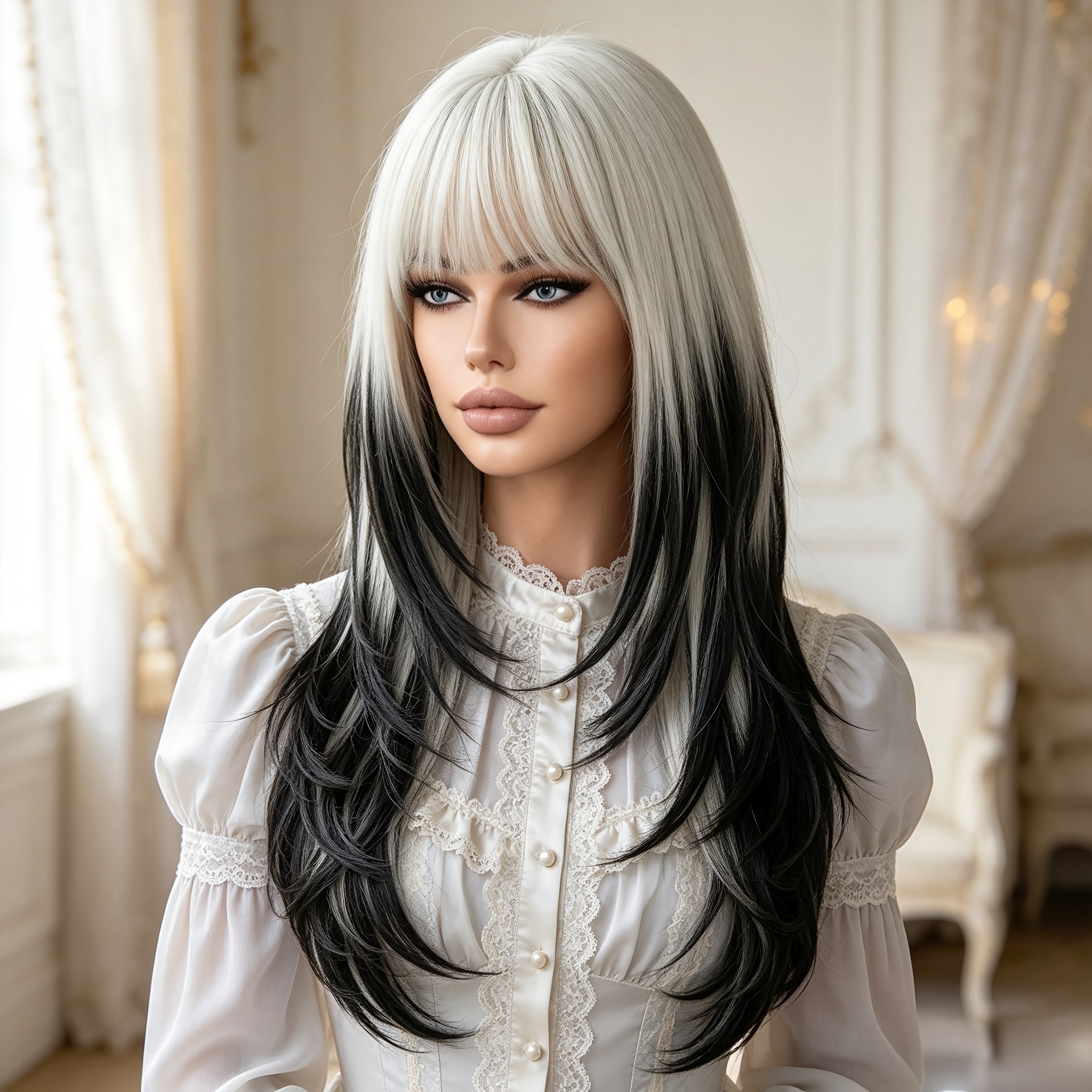 TEMU 24inch Long Layered Synthetic Wig Suitable For Women With Bangs, White & Black Ombre Straight Hair Wig, Heat Resistant European Style Wigs For
