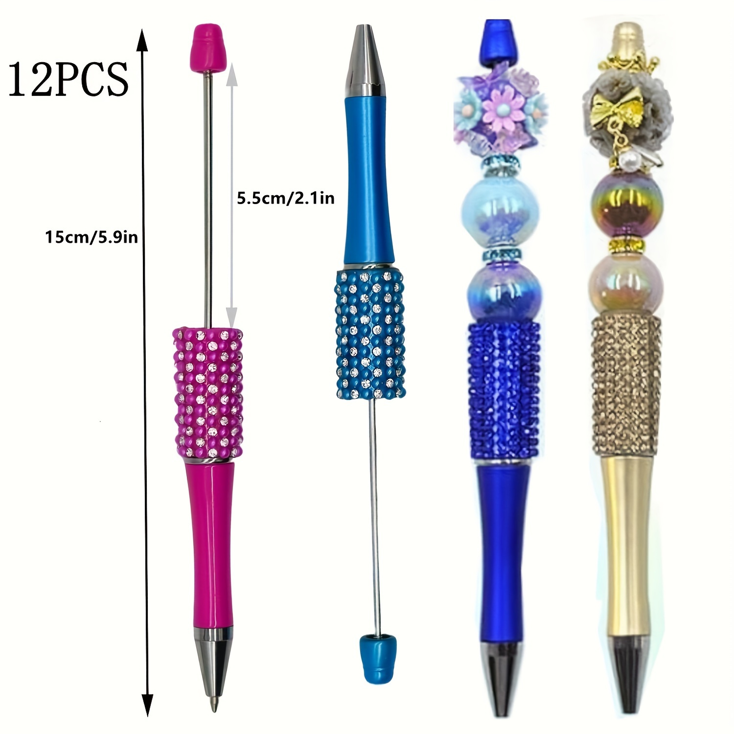 Image of 12pcs Back-to-school Festival Decorative Bead Pen Set Including Gemstone Beads And Colorful Rotating Ballpoint Pens For Jewelry Crafting