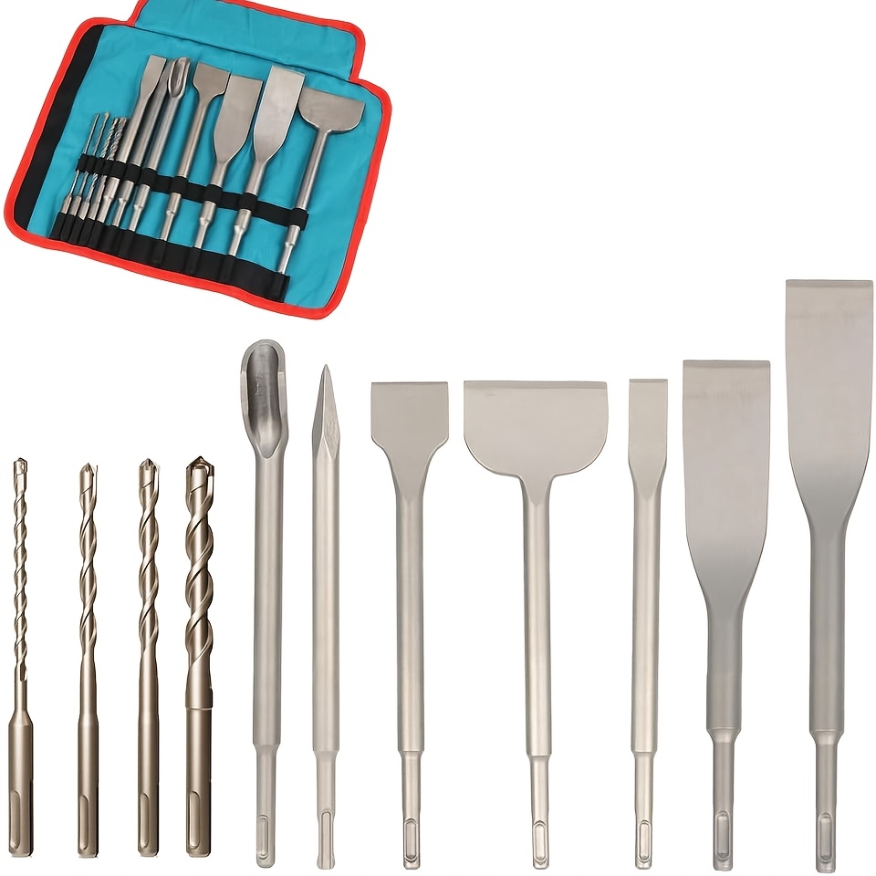 TEMU 11pcs Rotary Hammer Drill Bit And Chisel Set – Sds-plus Carbide Tipped Drill Bits And Chisels With Storage Bag – For Concrete, Brick, Stone And