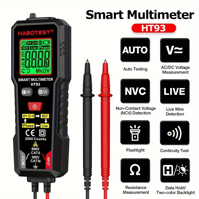 ht93   multimeter 600v ac   voltage   continuity measurement tester multimeter with ncv   test   detection   testing equipment smart multimeter ncv detector   design compact   precision measurement build durable test equipment   toolkit technician equipment