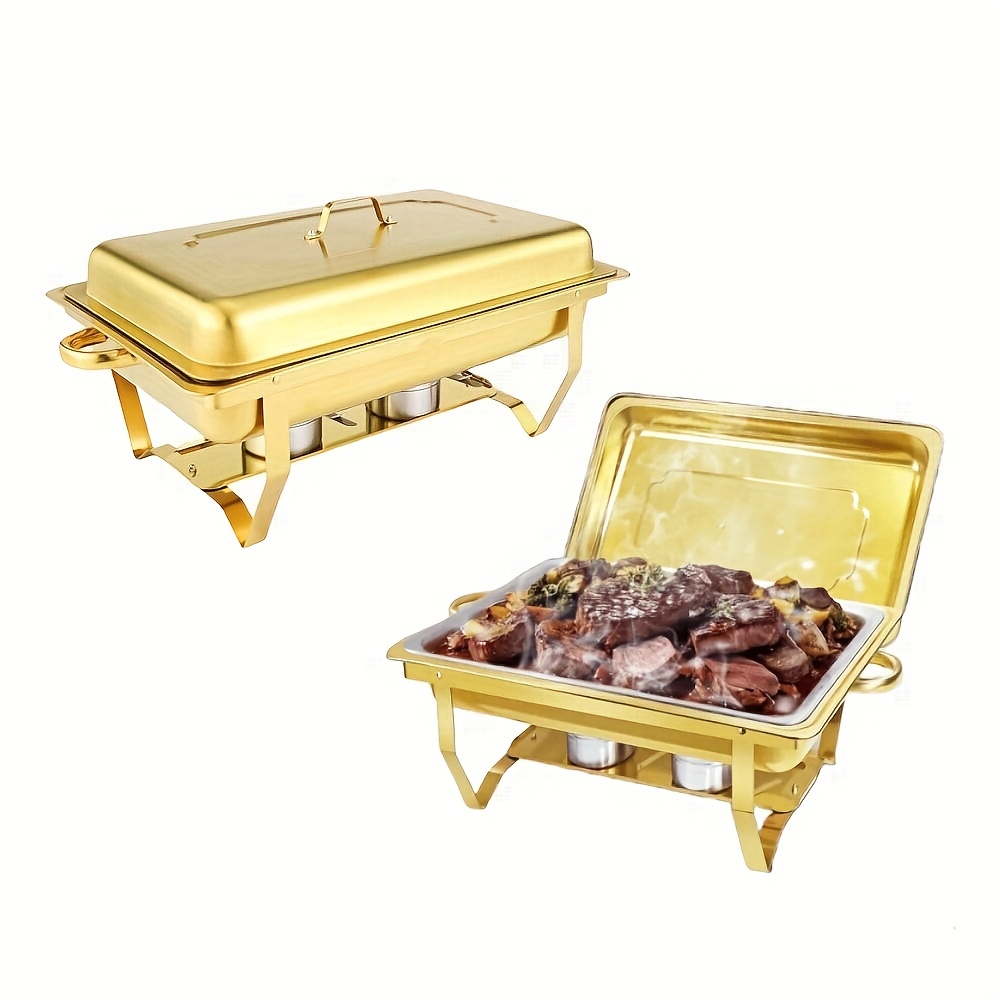 Image of 2/4pcs Stainless Steel Chafing Dishes Set, 8qt, Golden, Full Size, , With All-golden Serving Tongs, For Parties, Buffet, Food Warmers, No Electricity Needed For Cooking ( For Cooking)