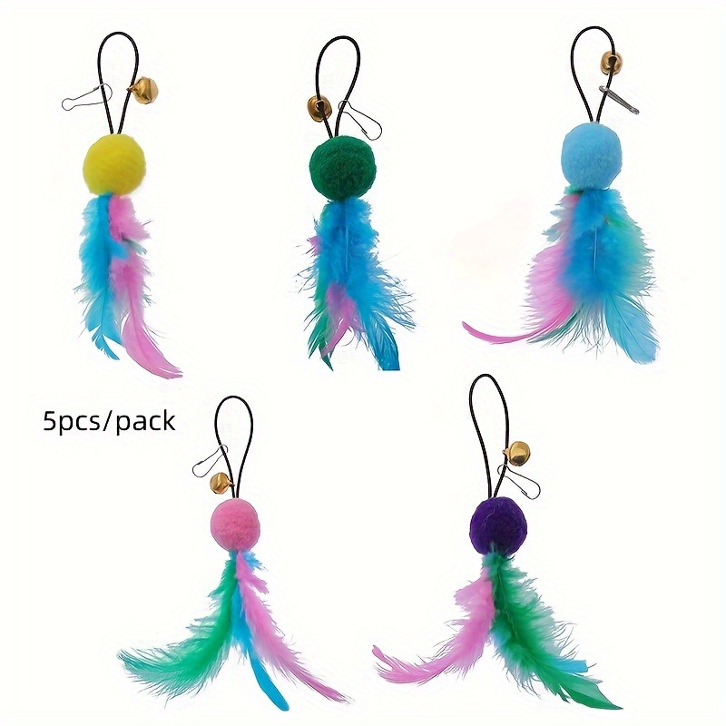 

5-pack Interactive Cat Toy Replacement Heads, Plush And Feather Pendant With Clasp And Bell, Non-electric Pet Accessories, Without Battery