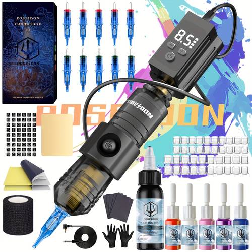 poseidon wireless tattoo gun set rotary tattoo pen 1200mah battery featuring ring switch 10 cartridge needles 6 inks all in one cordless tattoo machine kit for beginners and artists tattoo supplies new year discount holiday present