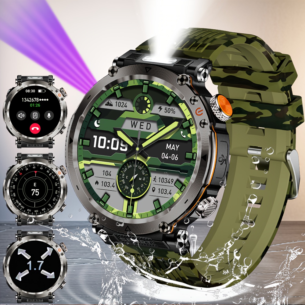 Montre Connectée de Sport d'Extérieur 1.7 pouces, Convient aux Hommes, Supporte Wireless 5.0, Écran IPS 360P, Boîtier en Alliage, en Silicone, Batterie Rechargeable 600Mah, Plus de 100 Modes Sportifs, Boussole, Fonction de Conversation, Chargement USB, Super Lampe Torche – Image 7