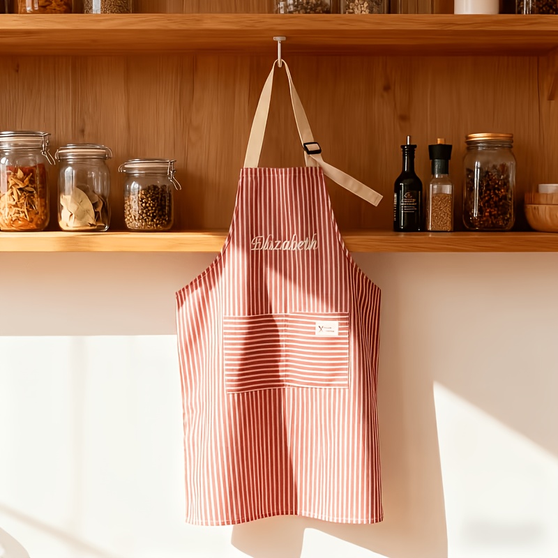 TEMU Personalized Custom Apron With Embroidered Name, Fresh Striped Apron, Large Capacity , Kitchen Baking Stain And Work Apron, Multiple Colors ,