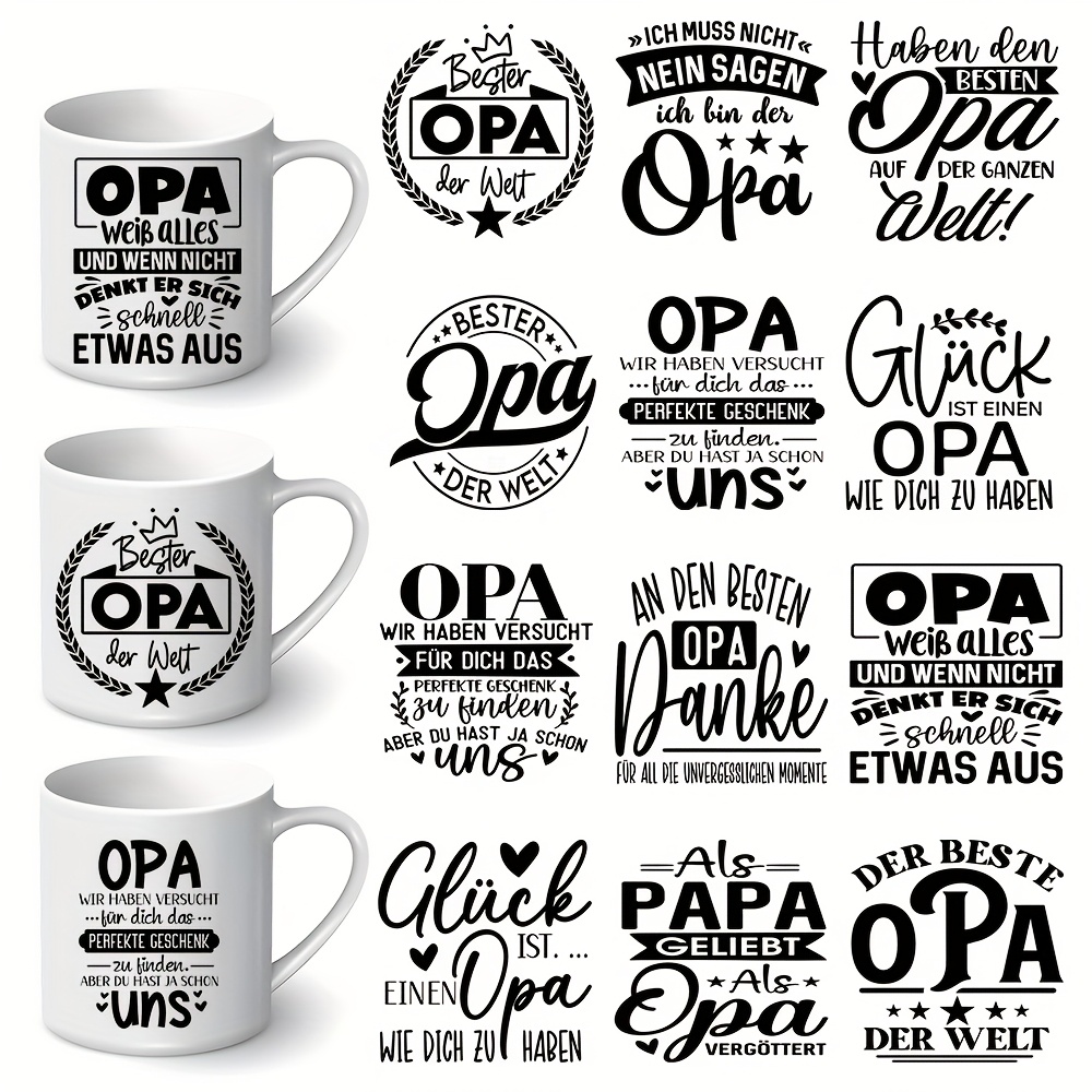 Image of 12pcs German Grandfather Opa Motivational Quote Diy Uv Transfer Sticker Kit, Self-adhesive Decals For Mugs, Bottles & Laptops