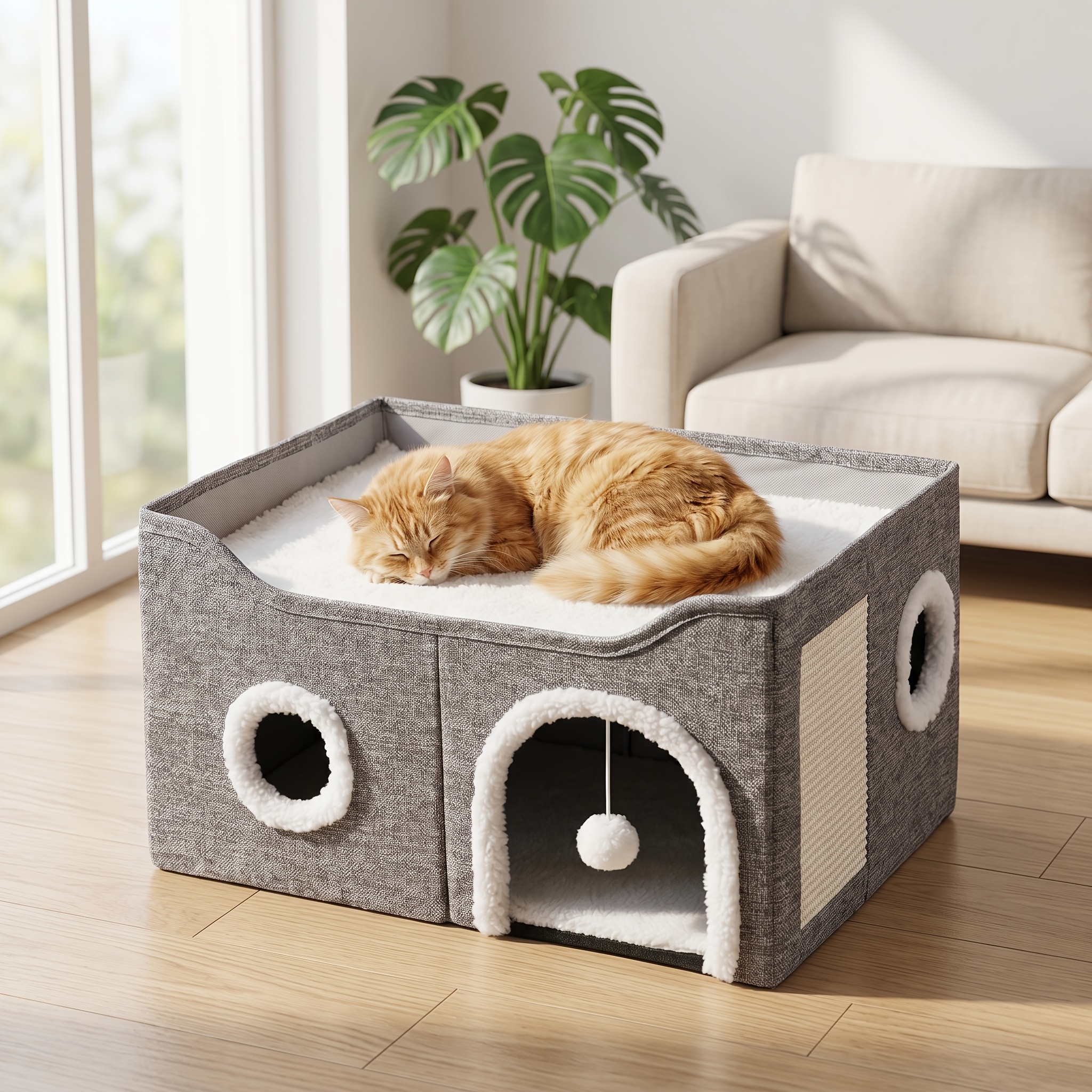 Indoor Cat House Large Cat Door With Ball Stand And Scratching Mat, Foldable Cat House, Suitable For Large Indoor Cats, Cat Hiding , Cat Room.