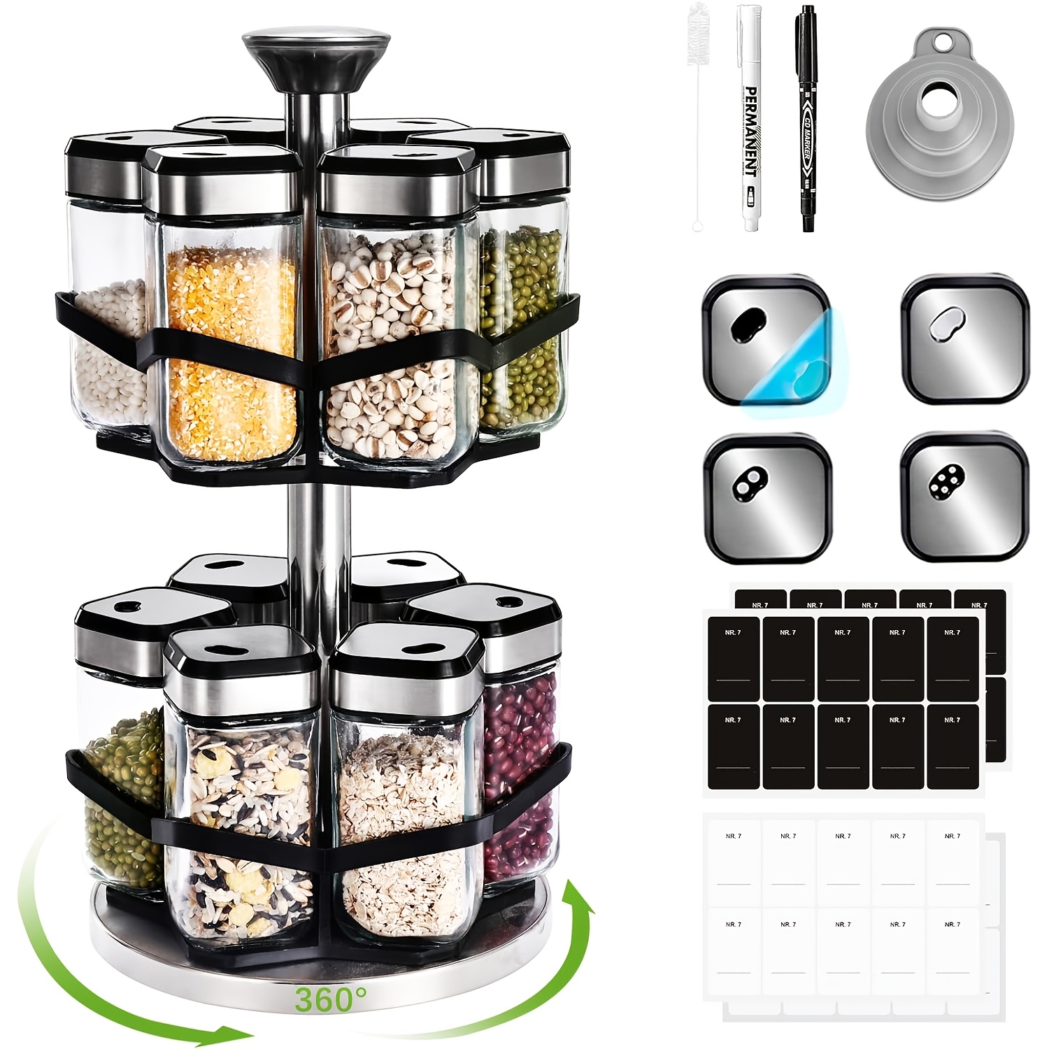 TEMU A Two-tier Rotating Spice Rack Featuring 6 Or 12 Spice Jars Of 120ml Each, Designed For With 360Â° Rotation And Sieve Holes, Made Of Stainless