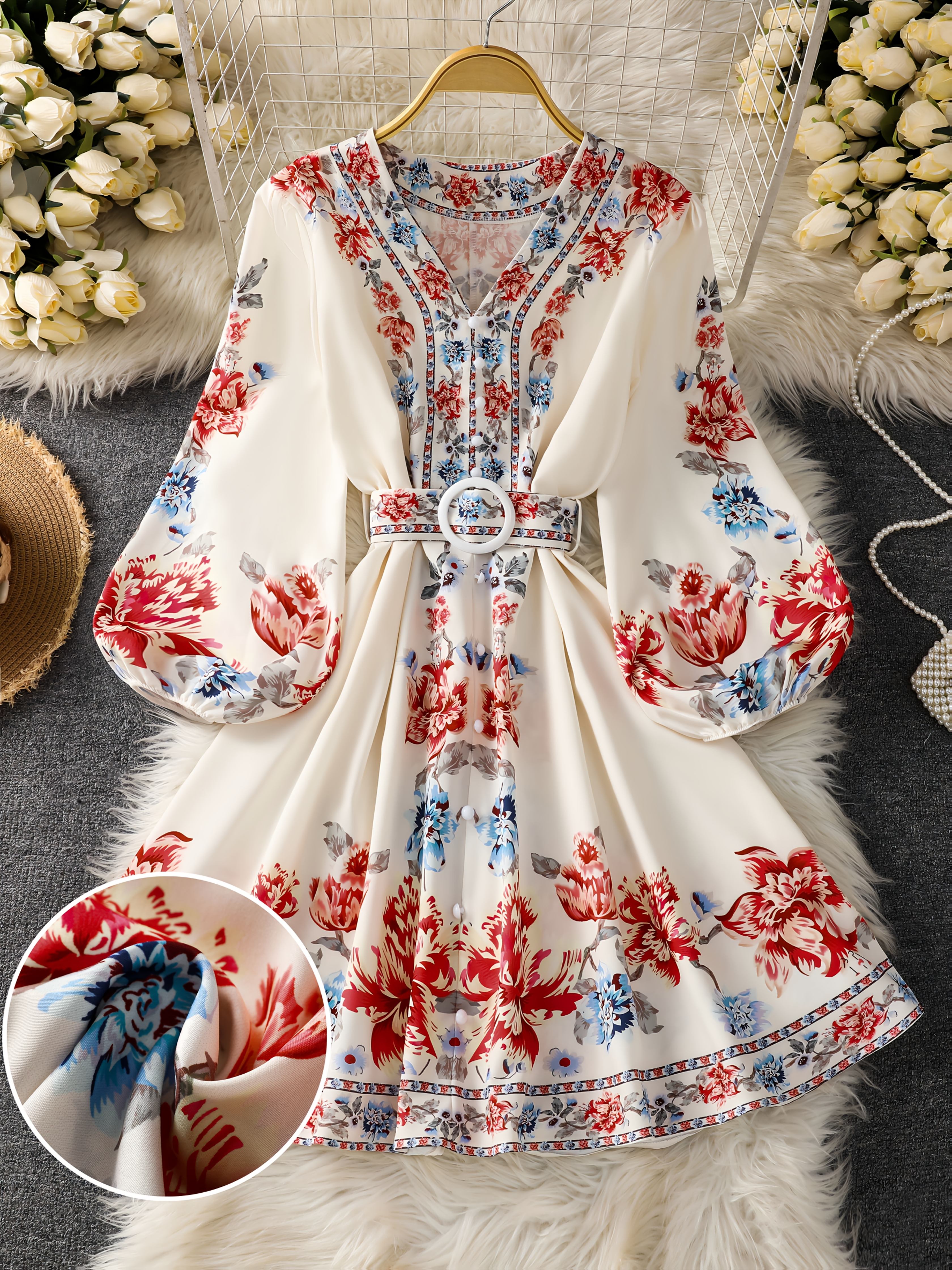 vestido largo larga cuello estampado floral Temu Chile