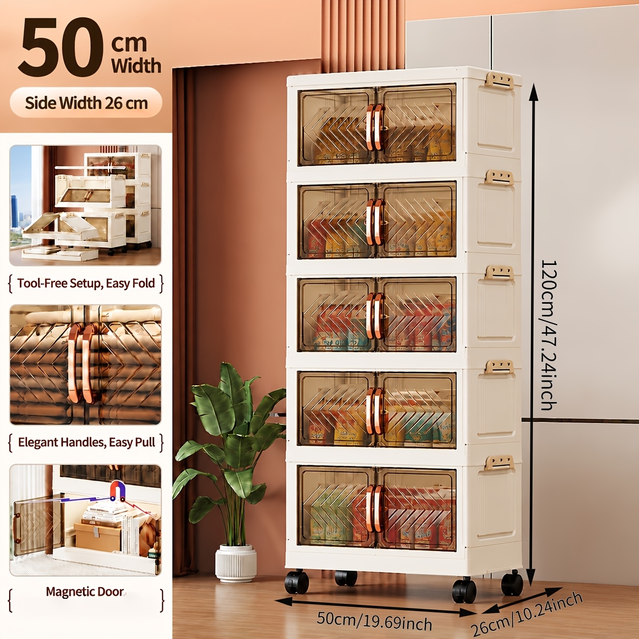 TEMU Armoire de Rangement Mobile à Roulettes Empilable Grande , Organisateur de Rangement Pliable en Plastique Installation, Double Porte Magnétique,