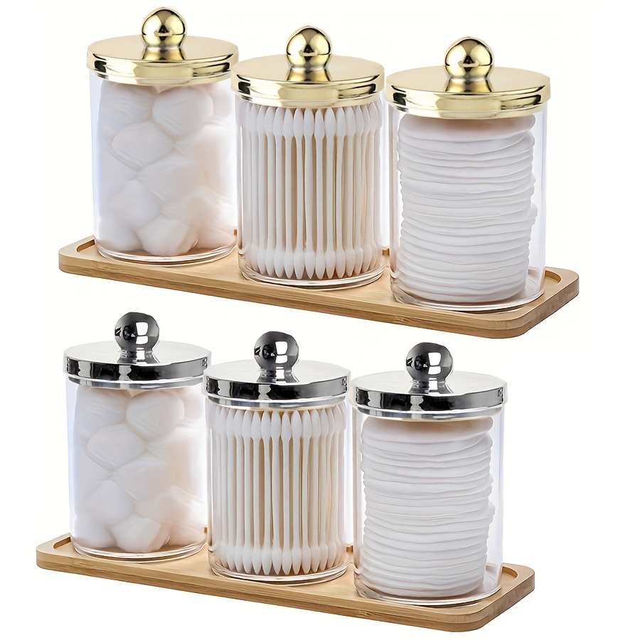 

3pcs Qtip Holder Bathroom Organizers And Storage, Round Holder Swab Dispenser Ball Holder With Tray Acrylic Apothecary Jars With Lids, Bathroom Containers For Floss Pick, Canisters