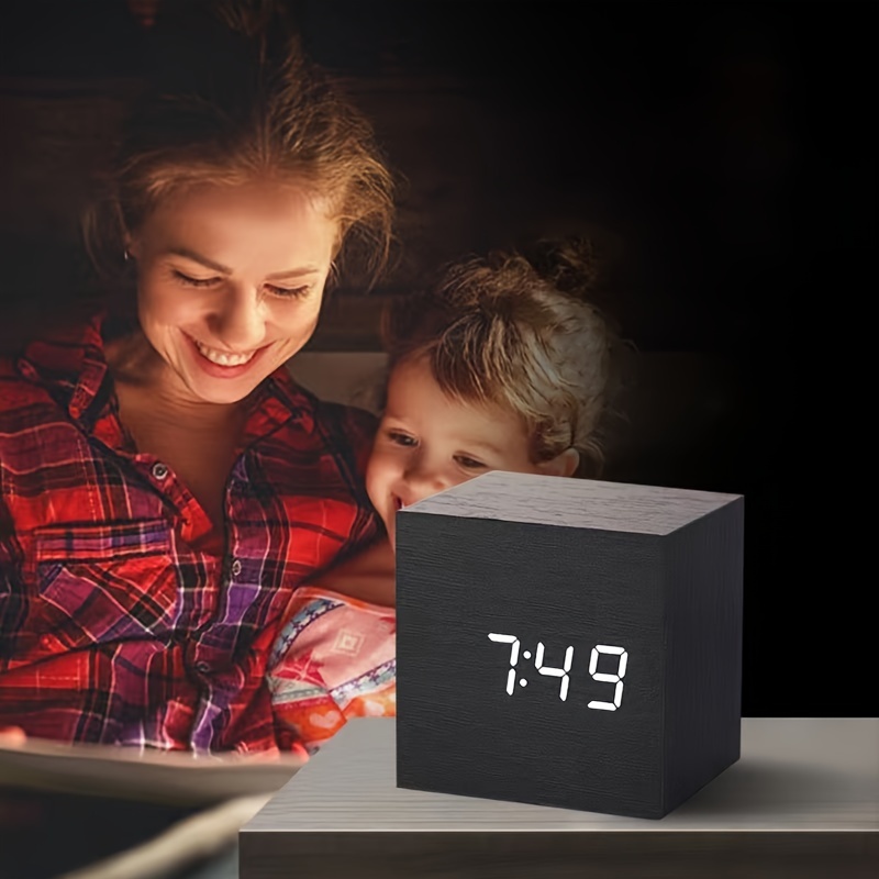 Mini Cube Wooden Alarm Clock with LED Display - Voice Controlled, Auto Dimmable with 3 Brightness Levels, Displays Time/Date/Temperature, Ideal for Home, Office, Travel, Rectangle Shape, USB Powered