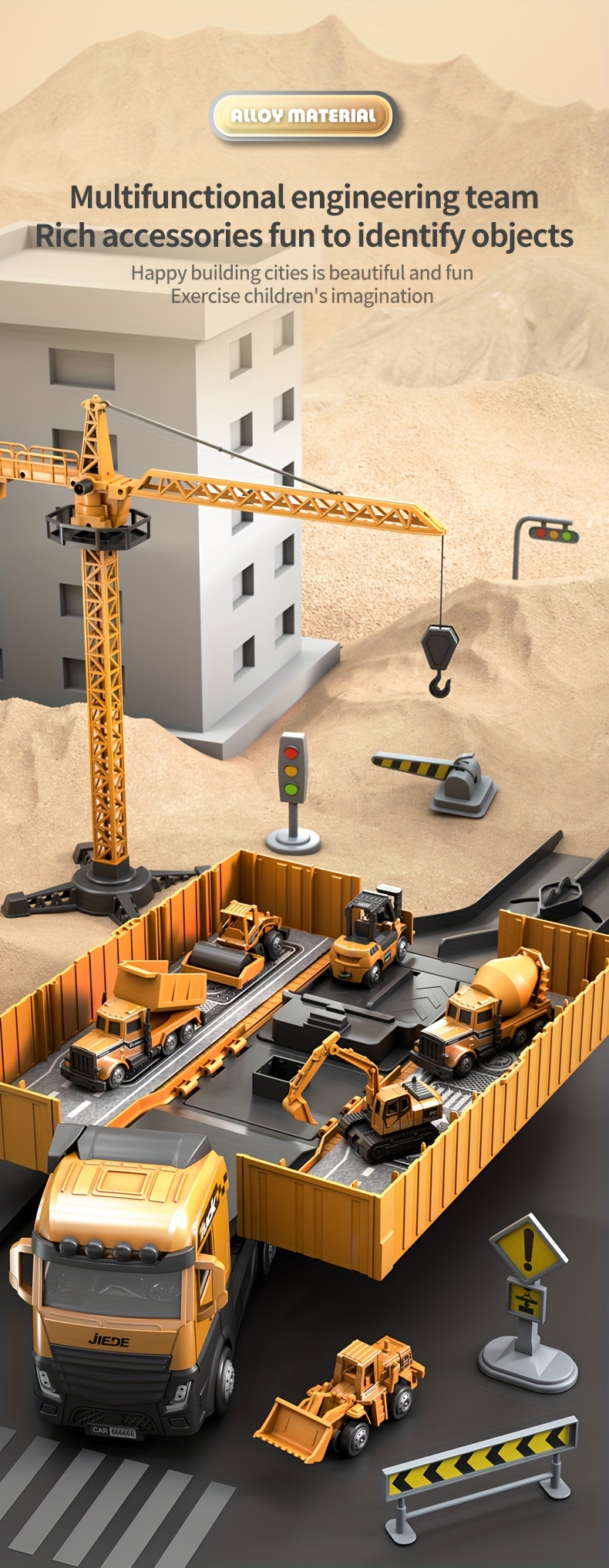 alloy simulation model construction site vehicle toy container including launch track including container truck tower crane 6 small cars tractor excavator bulldozer roller forklift mixer etc no electricity certificate complete truck building block building block building set truck model toy trailer truck toy for boy alloy car and trailer low bed trailer toy construction vehicle toy mini excavator toy Product details 0