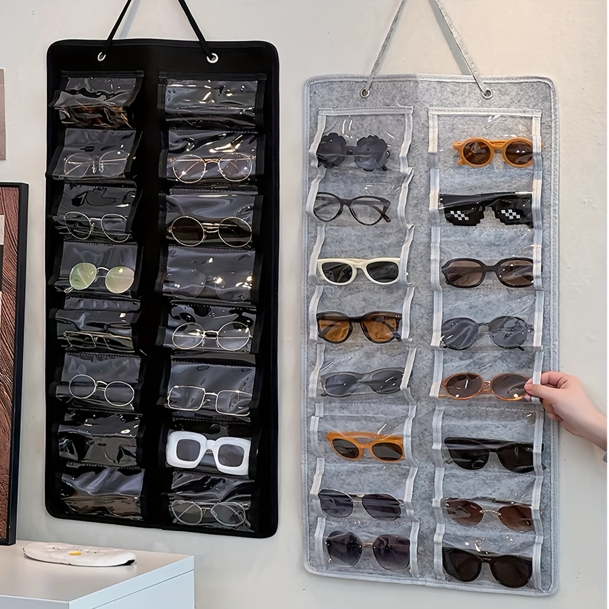 1pc Organizador de Gafas Montado en Pared con 16 Ranuras de Fieltro - Bolsa Antipolvo para Almacenamiento de Lentes, Colgador Multifuncional Duradero de Nylon para Hogar/Oficina, Gris