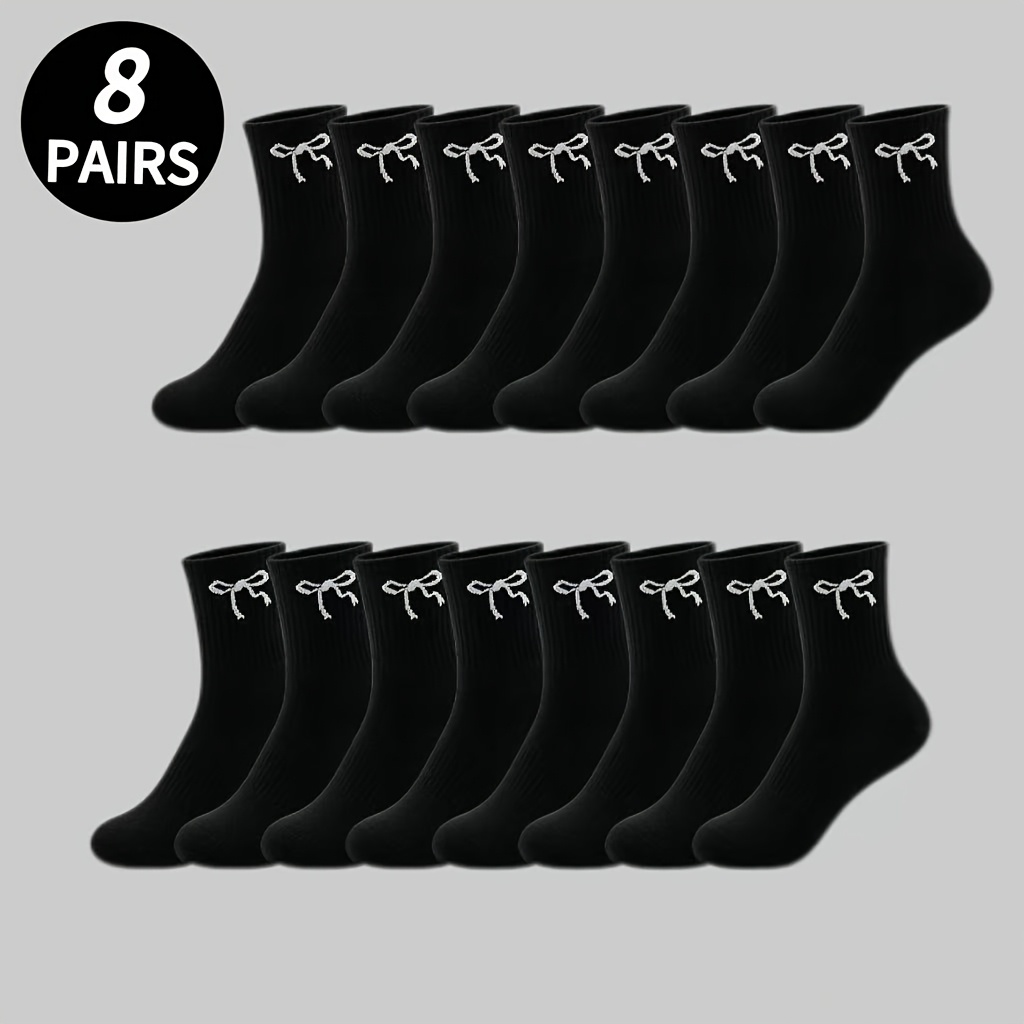 TEMU 8 Pairs Women's Mid-calf Socks With Bow Patterns, Black And Women's Calf Socks, Fashionable And Easy Versatile Outdoor Casual Socks, Comfortable