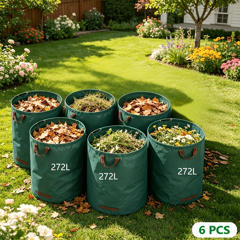 TEMU 6 Sacs à Déchets de Jardin 272L - Sacs à Déchets de Jardin avec 4 Poignées - Sac à Feuilles Pliable Autoportant, Adapté aux Déchets de Jardin,