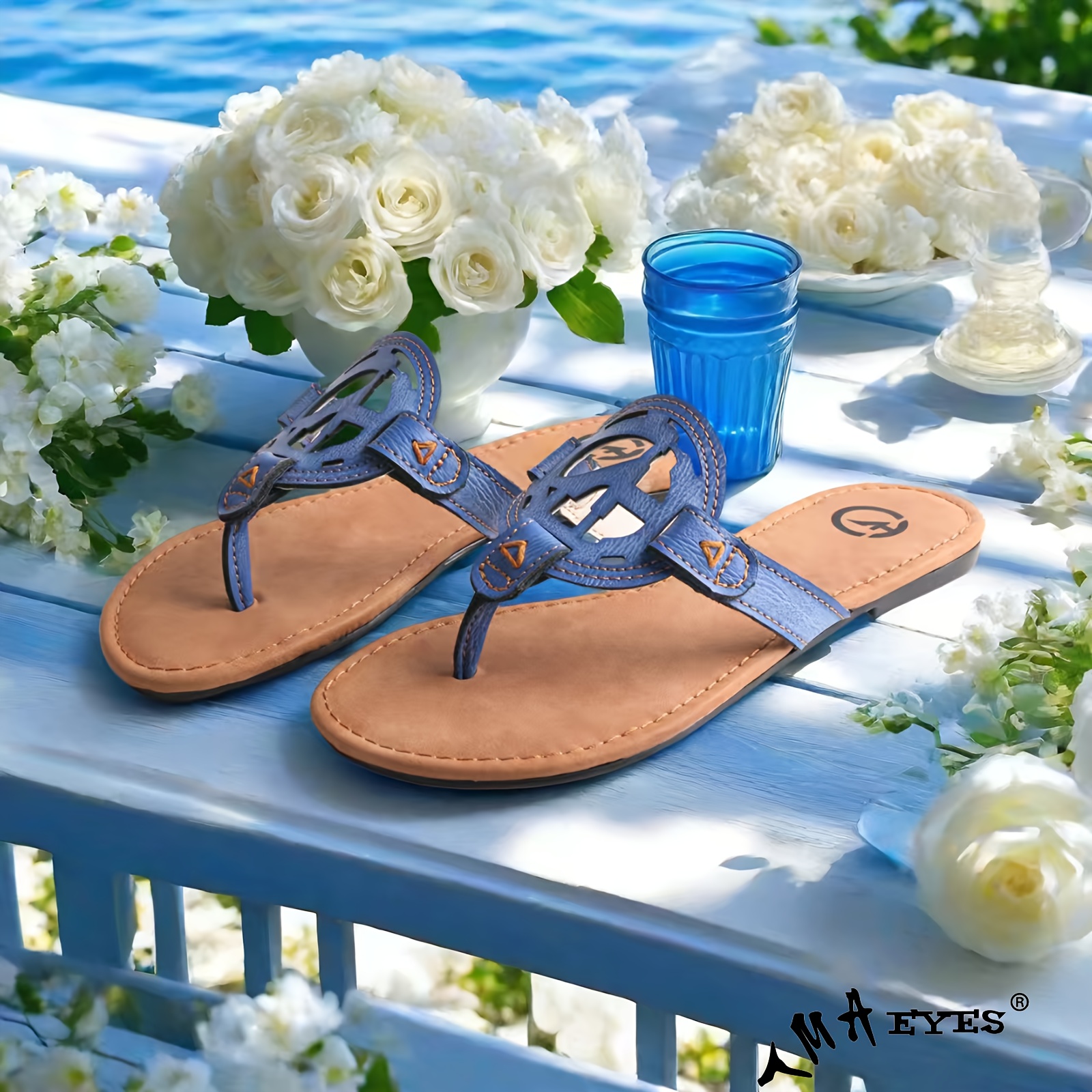   womens summer handcrafted anti slip comfortable casual hollow flip flops genuine leather upper insole eva sole split toe design beige with green stitching ladies sandals Product details 2