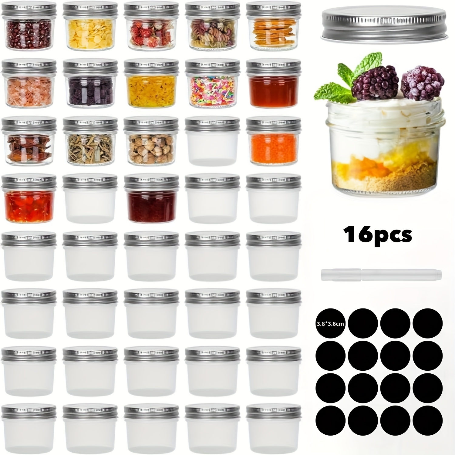 Image of 16-pack 3.5oz Clear Candy Jars With Silvery Lids, Includes Pen And Label Paper, Mini Transparent Plastic Jars, Spice Bottles For Honey, Jam, Jelly