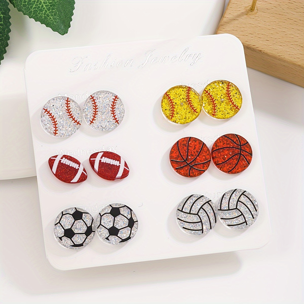 

12pcs Shiny Fashion Sports Ball Earrings, Rugby Baseball Football Softball Volleyball Studs, Suitable For Girls To Wear Events, Competitions And Parties