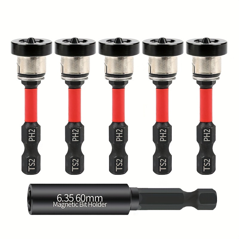 

6pcs Drywall Screwdriver Set With Bit Holder, 50mm Ph2 Magnetic Positioning Screwdriver Bits 1/4 Inch Hex Shank Screw Setter For Plasterboards Woodworking