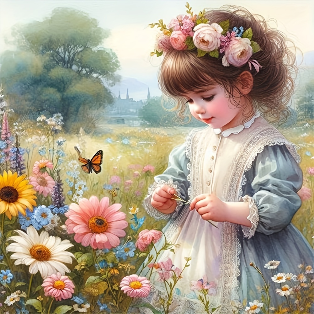 

5d Diy Diamond Painting Kit, Little Girl With Flower Wreath, Round Full Drill Acrylic Embroidery Cross Stitch Art, Diamond Art Craft For Home Wall Decor, Gift - Theme: People