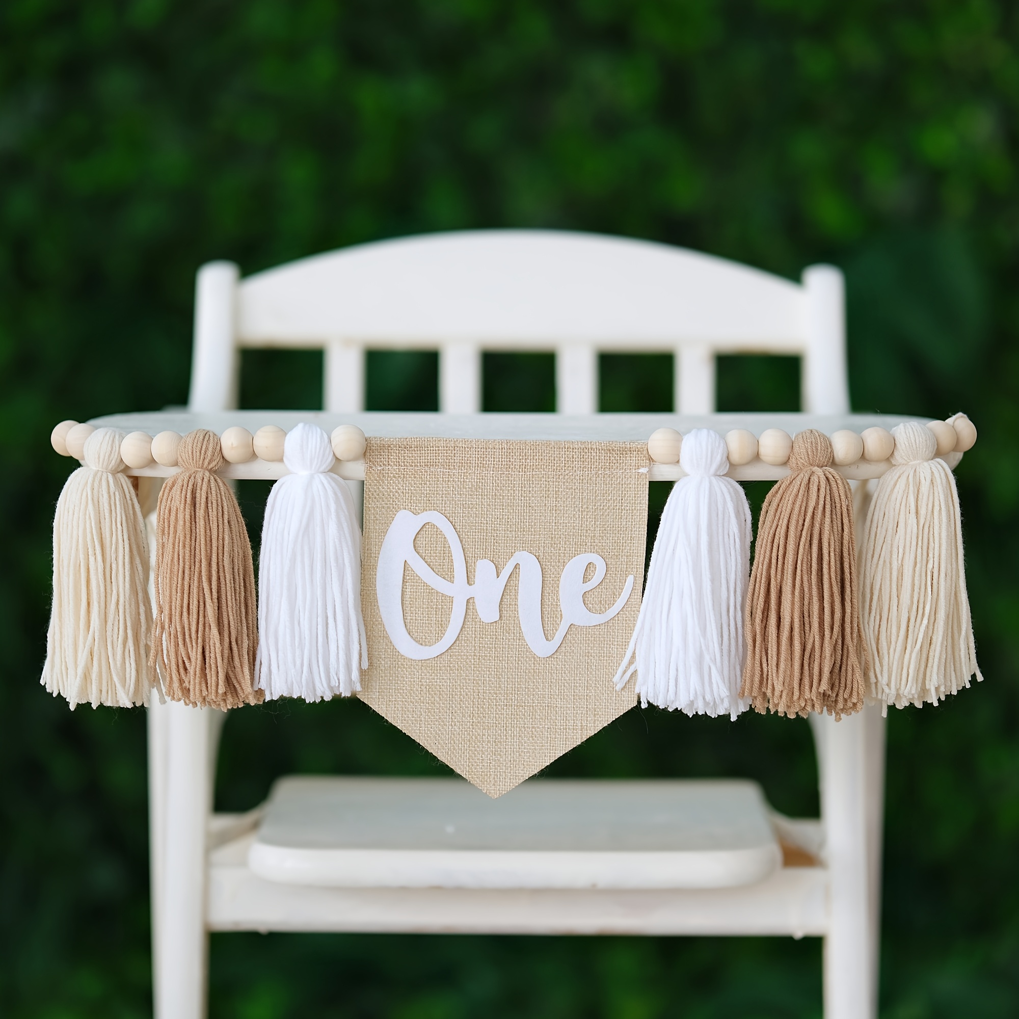 Image of Handmade Bohemian Khaki Knitted Tassel Pull Flag Birthday Decoration First High Chair Decorative Banner Birthday Decoration Wall Hanging Pull Flag Bedroom Decor
