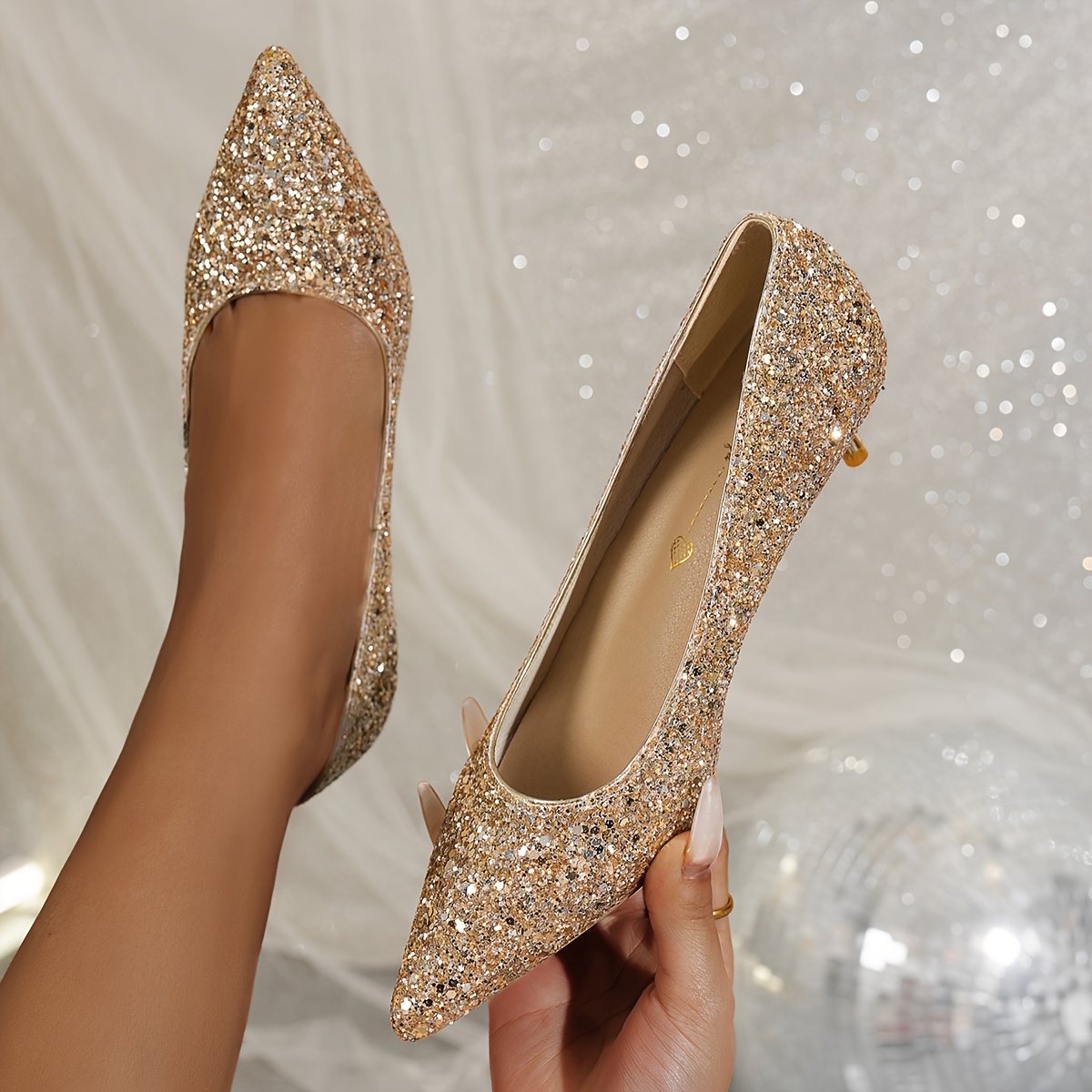 Women'S Fashion Sequined Wedding Evening Pointed Toe Single Shoes Elegant  *-Heel Golden Silvery Versatile Comfortable Shoes, Women Shoes
