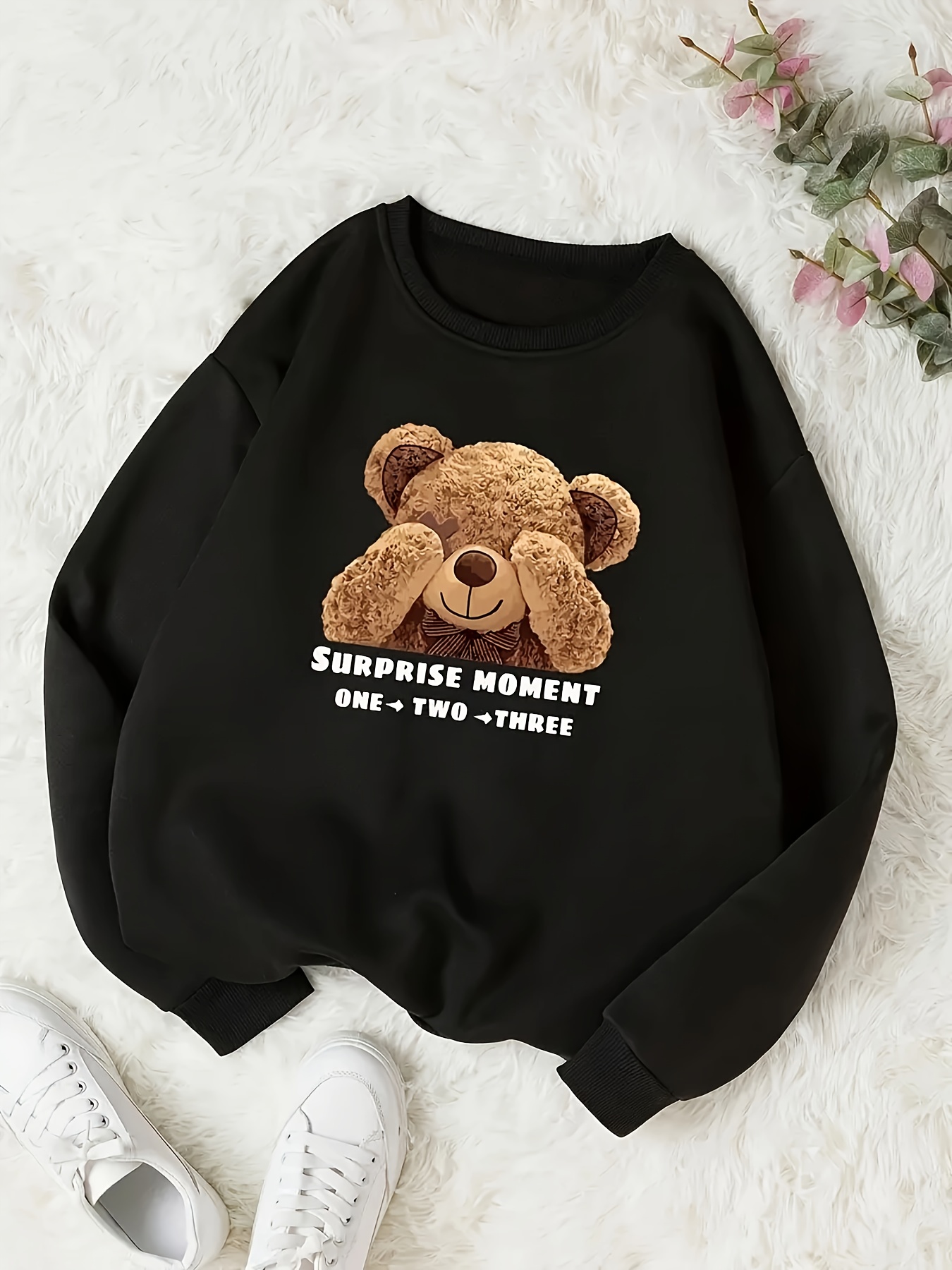 Loose Bear Graphic Print Sweatshirt, store Long Sleeve Crew Neck Pullover Sweatshirt,