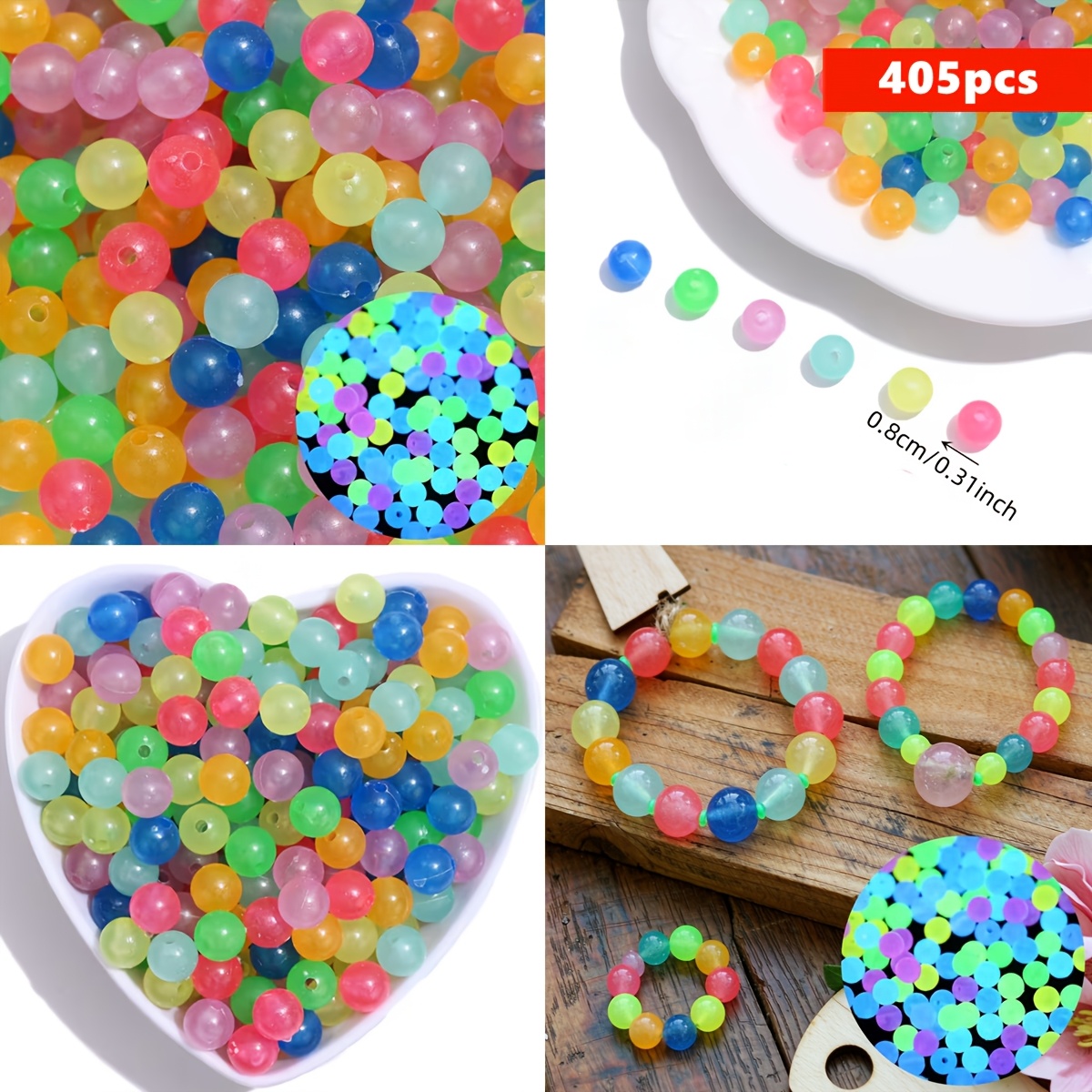 TEMU 8mm 405pcs Mixed Luminous Round Loose Spacer Beads Acrylic Glow In The Dark Flashing Beads For Making Bracelet