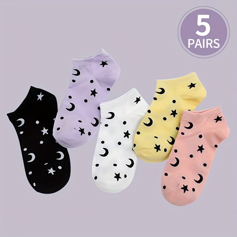 

5 Pairs Moon & Star Socks, Stylish College Style Low Cut Ankle Socks, Women's Stockings & Hosiery