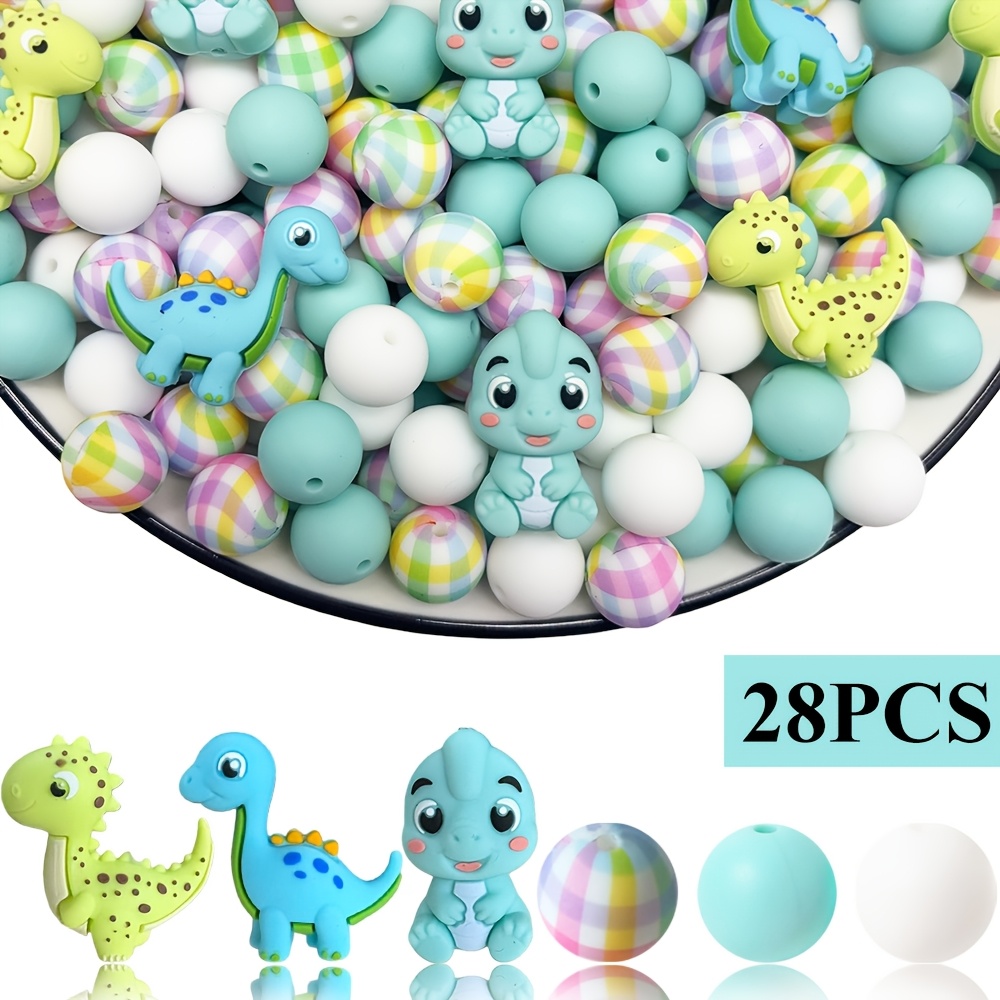 TEMU 28pcs Silicone Bead Dinosaur Series Set, Suitable For Jewelry Decoration, Additions For Making Earrings, Necklaces, Bag Chains, Phone Charms,