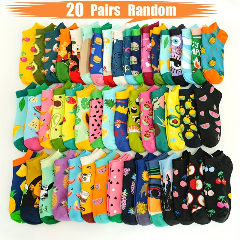 E-shop 20 Paar NCDATE Herrensocken mit Frucht- und Gemüseprint - Bunte Strick-Polyester-Mischung, Weiche Atmungsaktive Feuchtsaugende Kurzsocken für