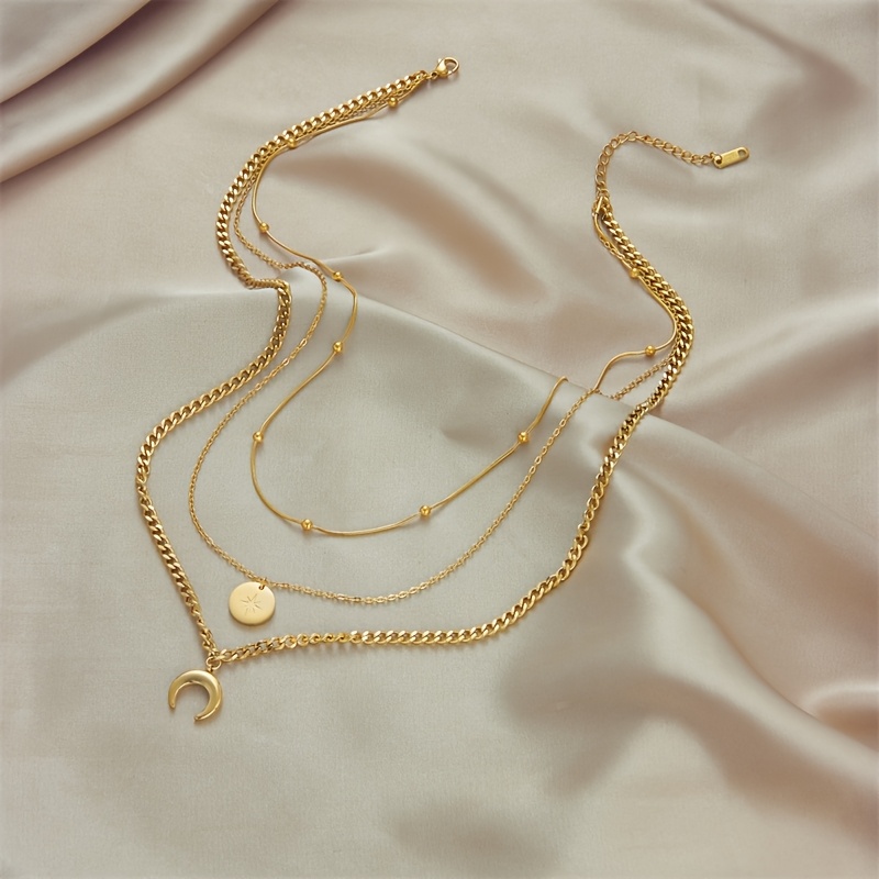 Multi-Layered Crescent Pendant Necklace with Overlapping Stars & Moon
