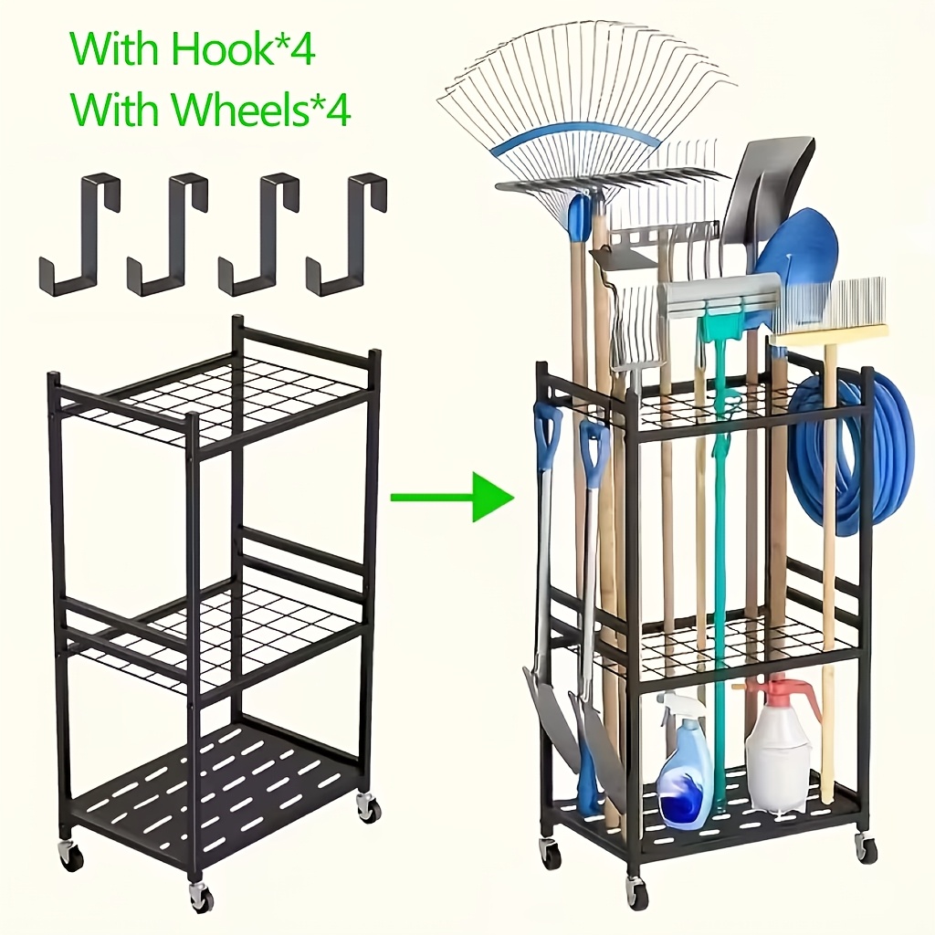 TEMU 1pc Heavy-duty Rust-resistant Carbon Steel Garden Tool Storage Rack | Multi-tier Shelving Organizer Stand For Lawn Mowers, Shovels, Brooms |