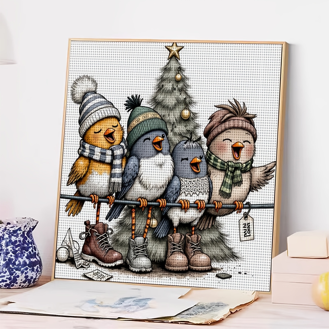 DIY Cross-Stitch Printed Kit, Unframed 'Birds Singing by the Christmas Tree' Design