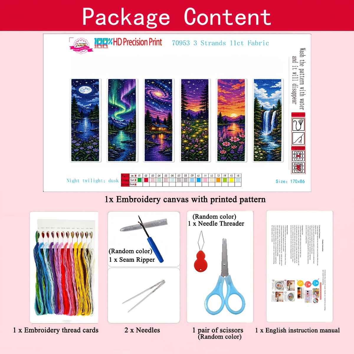 TEMU 1 Set 6 Styles Nuit Forêt Point de Croix Kit Broderie Pompom Coloré Pack Matériel Artisanat Débutant Marqueur de Lecture Cadeau Étudiant Marque