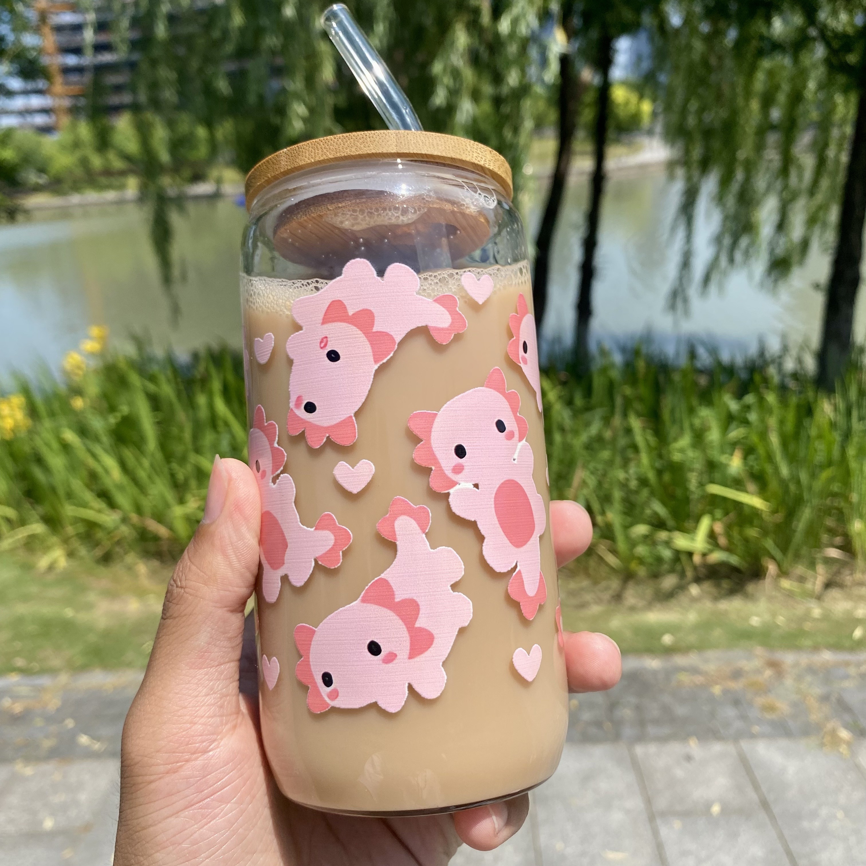 

1pc, Axolotl Drinking Glass With Lid And Straw, Can Shaped Water Cup, Iced Coffee Cup, For Tea, Juice, Milk, Birthday Gifts, Drinkware